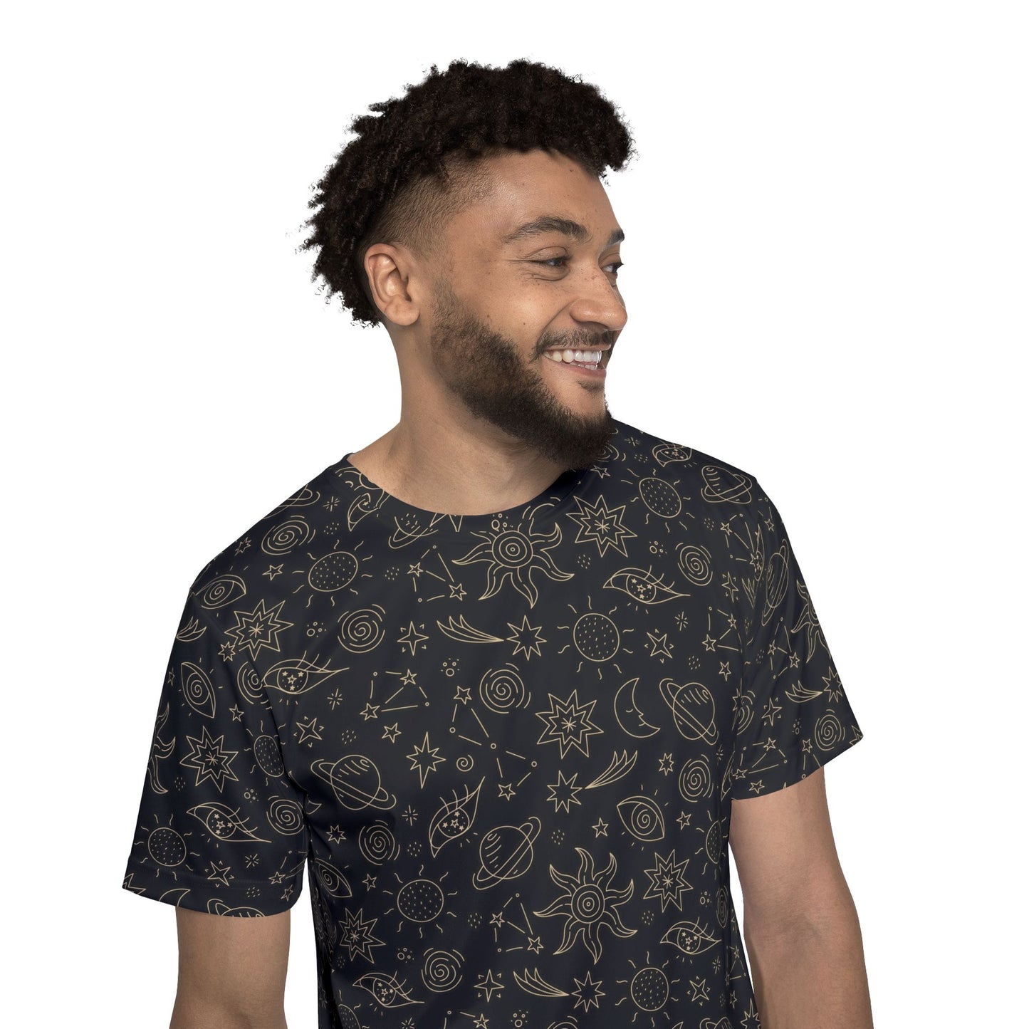 A man wearing a black crewneck t-shirt with a gold celestial pattern of stars, planets, and constellations, shown against a plain white background. Cosmic Space Celestial Pattern Men's Sports Jersey Active Wear Shop the Cosmic Space Celestial Pattern Men's Sports Jersey for an eye-catching galaxy look, athletic comfort, and everyday versatility. Stand out on and off the field with the Cosmic Space Celestial Pattern Men's Sports Jersey—bold, comfortable, and built to move. Buy the Cosmic Space Celestial.