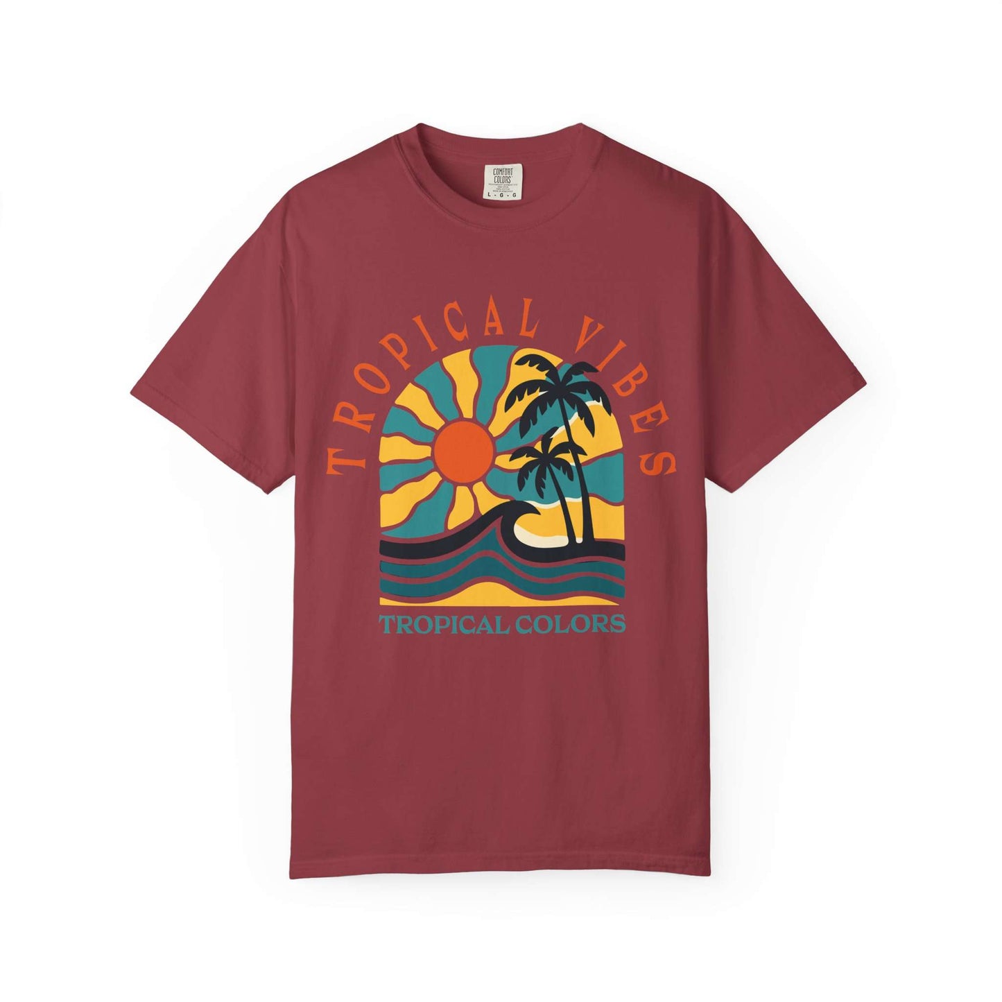 A maroon short-sleeve crewneck t-shirt featuring a retro tropical graphic with the text 'TROPICAL VIBES' and 'TROPICAL COLORS'. The graphic depicts a yellow sun, teal waves, and black palm trees on a white background. Tropical Vibes Summer Graphic Print T-Shirt Shop Tropical Vibes Summer Beach Graphic T-Shirt Casual Wear for breezy comfort, bold island-inspired style, and effortless sunny-day looks.