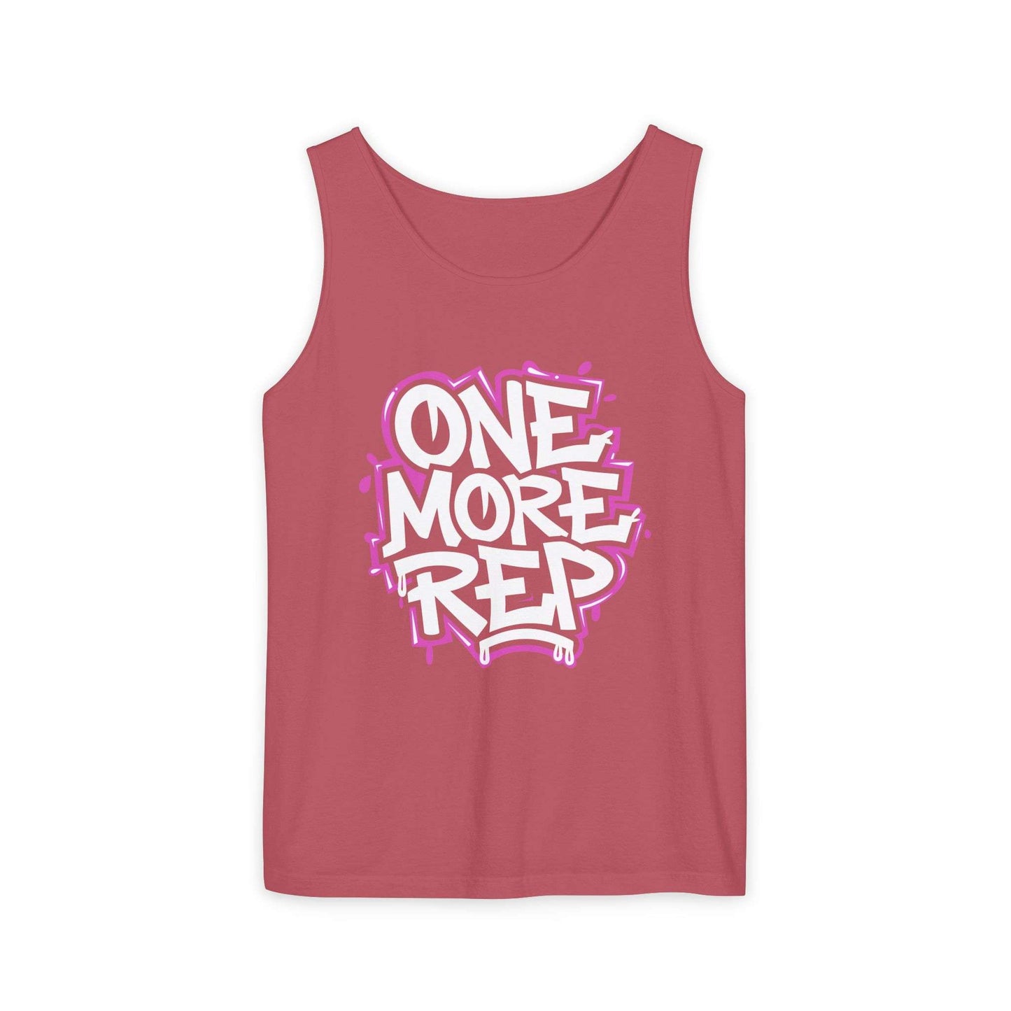 A slate blue tank top featuring a bold graphic on the chest that reads 'ONE MORE REP' in white bubble letters with a pink graffiti-style outline, displayed against a solid white background. Best Fitness Motivational Graffiti Typography Tank Top Casual Wear Shop the Fitness Motivational Graffiti Typography Tank Top for bold workout style, breathable comfort, and everyday gym inspiration.