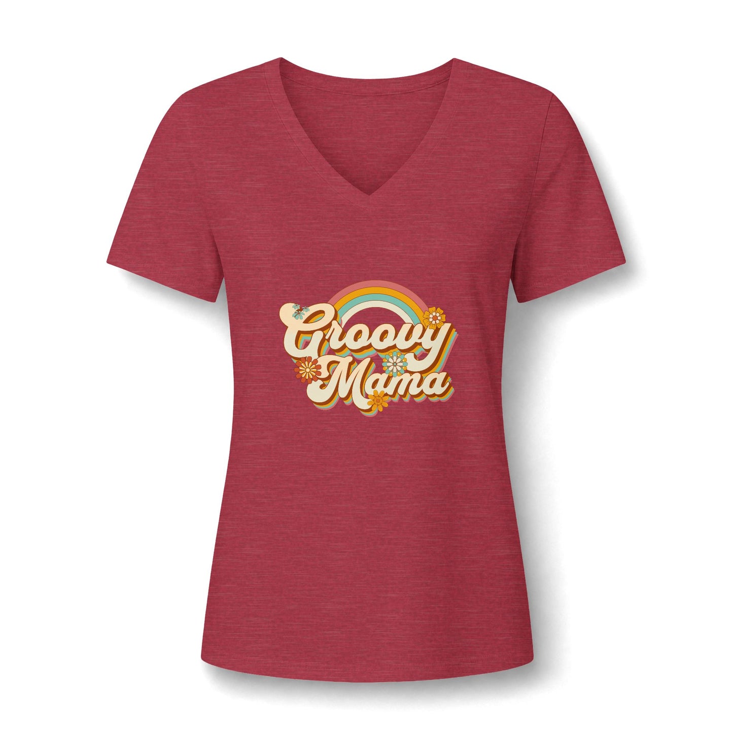 A women's heathered red V-neck t-shirt featuring a retro-style 'Groovy Mama' graphic with a rainbow and flowers on the chest, displayed against a clean white background.