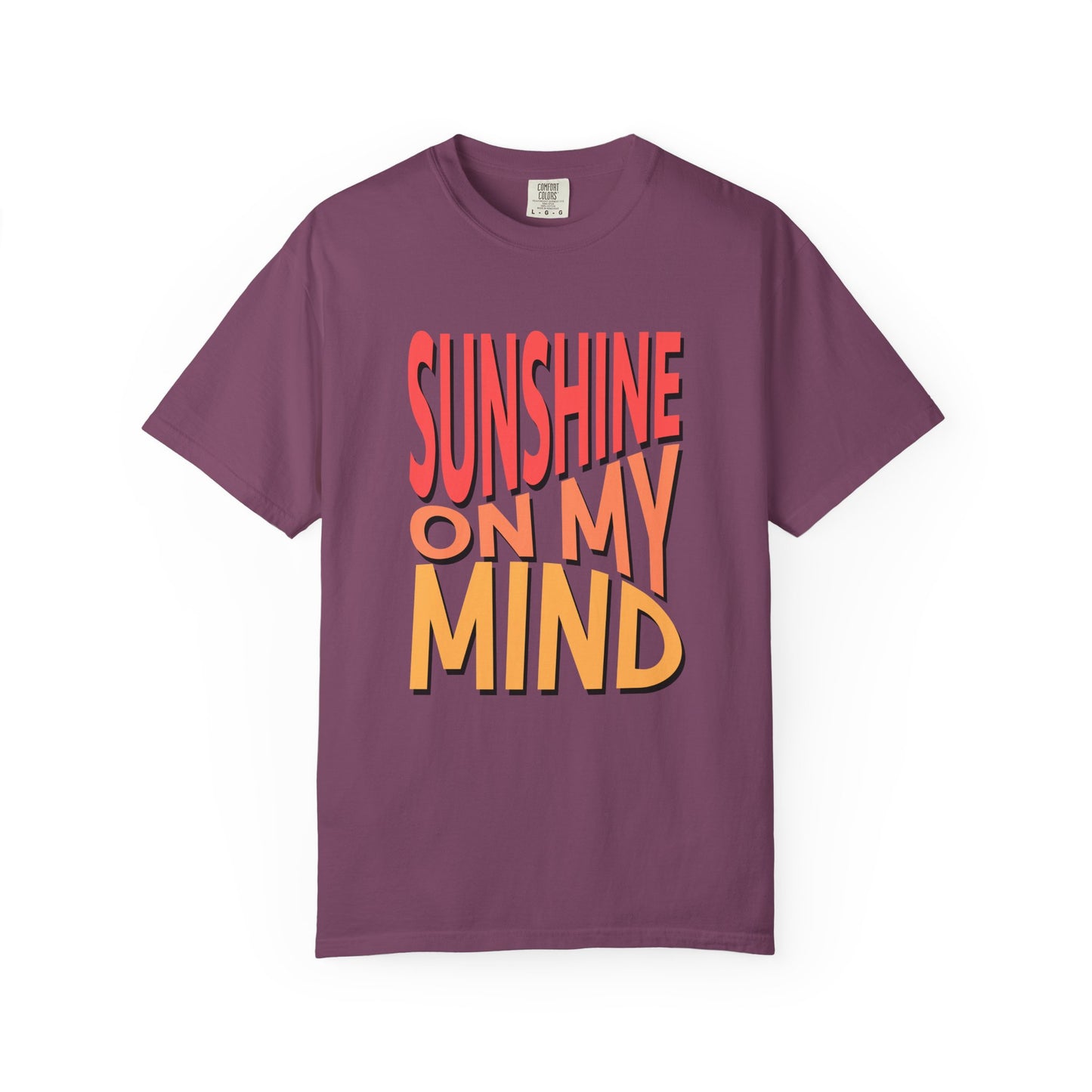 A dark green short-sleeve t-shirt with a retro-style graphic text print reading 'SUNSHINE ON MY MIND' in coral pink and orange-yellow lettering, displayed on a clean white background. Best Sunshine On My Mind Summer Vibes Graphic T-Shirt for Casual Wear