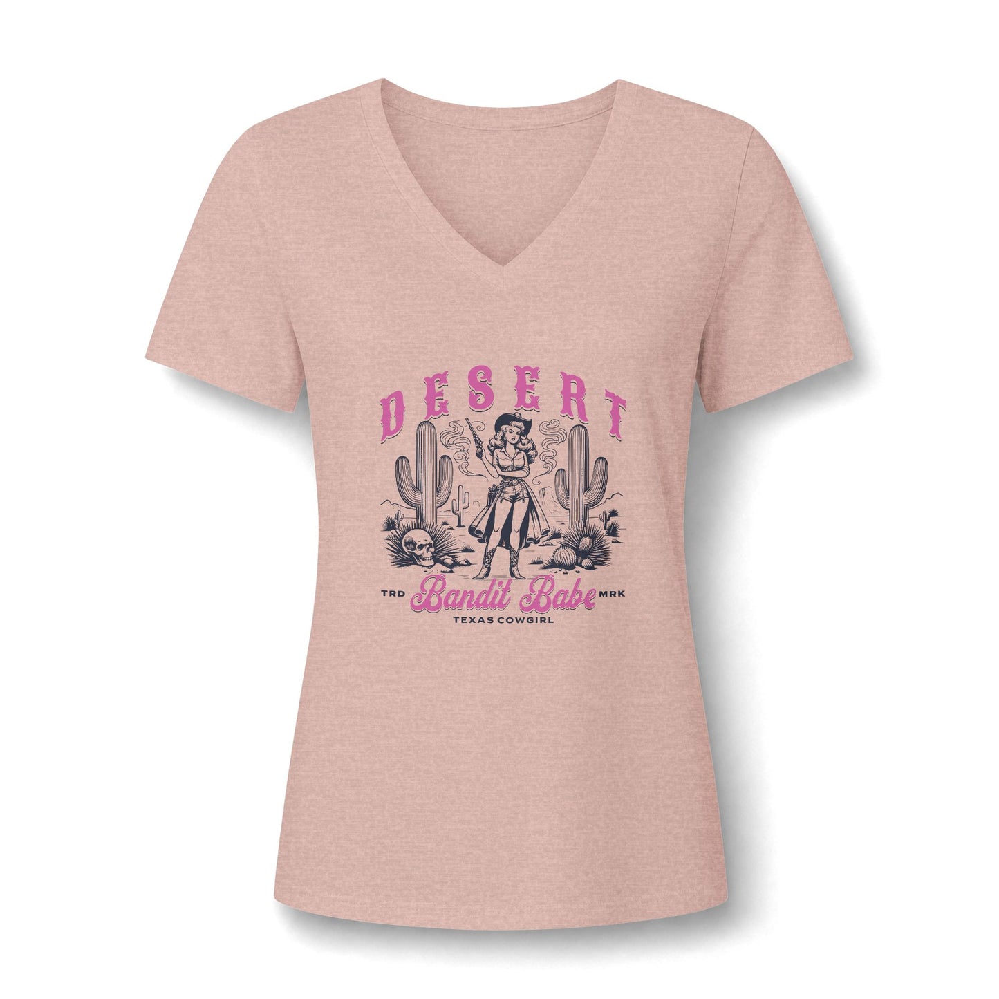 A heather pink v-neck t-shirt with a retro western graphic on the front featuring a woman, cacti, and the text 'DESERT Bandi Babe Texas Cowboy'. Western Cowgirl Bandit Babe Women's T-Shirt for Casual Wear