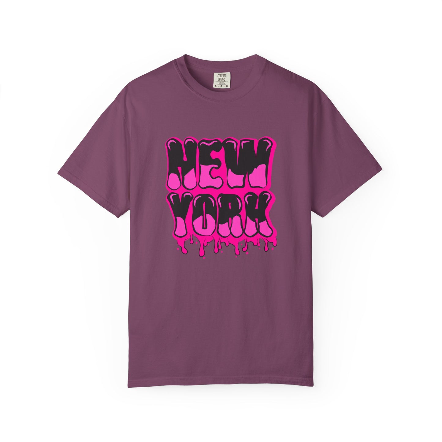 A short-sleeve crewneck t-shirt in a muted plum purple color, featuring a bold graphic on the chest that reads 'NEW YORK' in dripping hot pink letters with black outlines, set against a plain white background. Comfortable Bold Graffiti Lettering New York Typography T-Shirt for Casual Wear