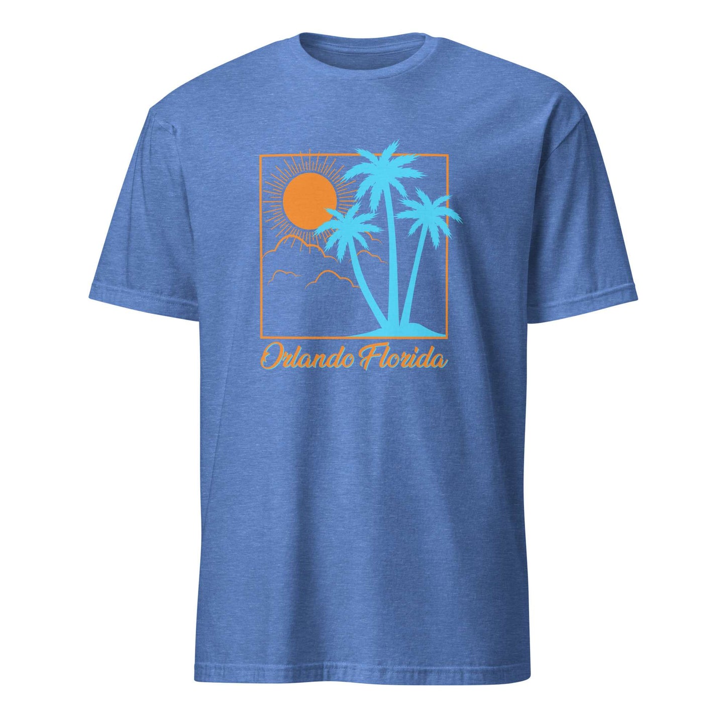 A heather blue short-sleeve crewneck t-shirt featuring a retro-style graphic of palm trees, a sun, and the text 'Orlando Florida' on the chest. Comfortable Bold Orlando Florida Summer Sun Beach Graphic T-Shirt Casual Wear