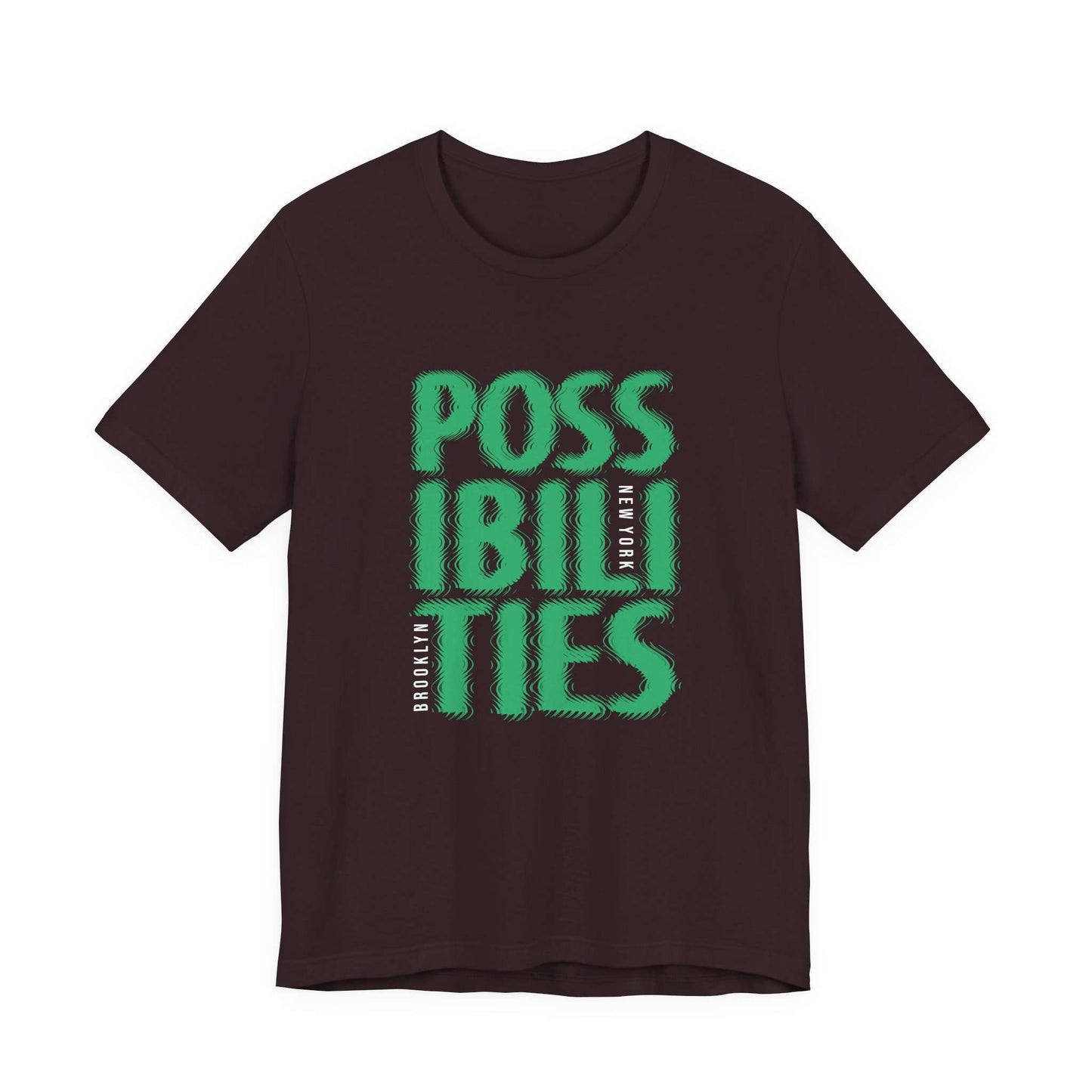 A black short-sleeve crewneck t-shirt featuring a bold green graphic print on the front that reads 'POSSIBILITIES' with 'NEW YORK' printed vertically in white. Comfortable Bold Possibilities New York City Brooklyn T-Shirt for Casual Wear