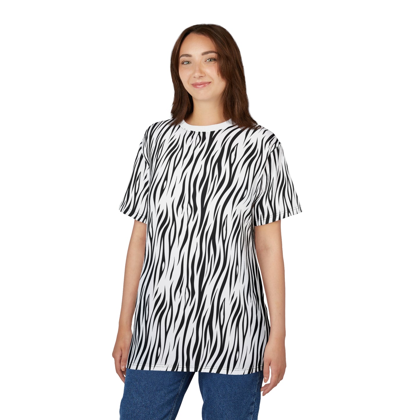 A woman modeling a short-sleeve t-shirt with a black and white zebra print pattern, paired with blue jeans, against a plain white background. Minimalist Monochrome Zebra Print T-Shirt for Casual Wear