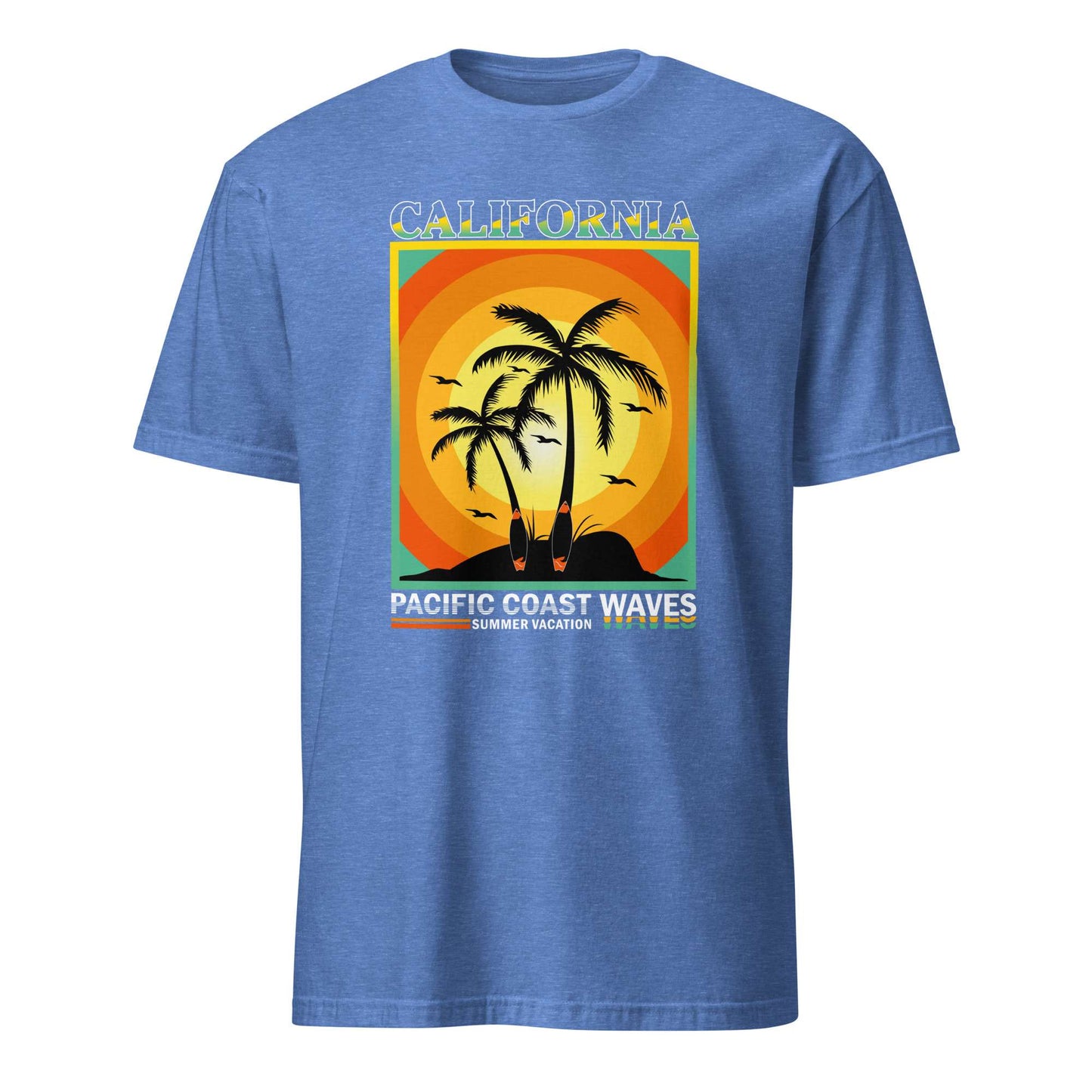 A heather blue short-sleeve t-shirt with a retro graphic on the chest featuring two palm trees, a sunset gradient, and the text 'CALIFORNIA' and 'PACIFIC COAST WAVES'. Modern California Pacific Coast Waves Sunset T-Shirt Casual Wear