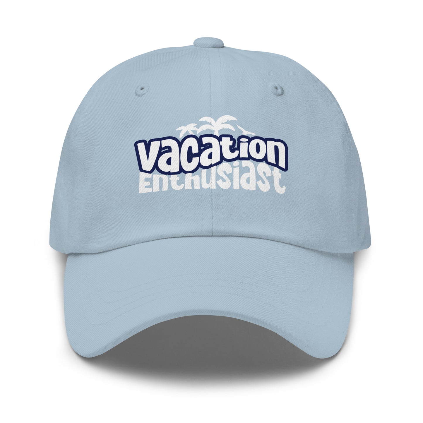 A light blue baseball cap with 'vacation Enthusiast' and a palm tree graphic printed on the front, shown against a plain white background. Modern Vacation Enthusiast Bold Graphic Classic Dad Cap for Casual Wear