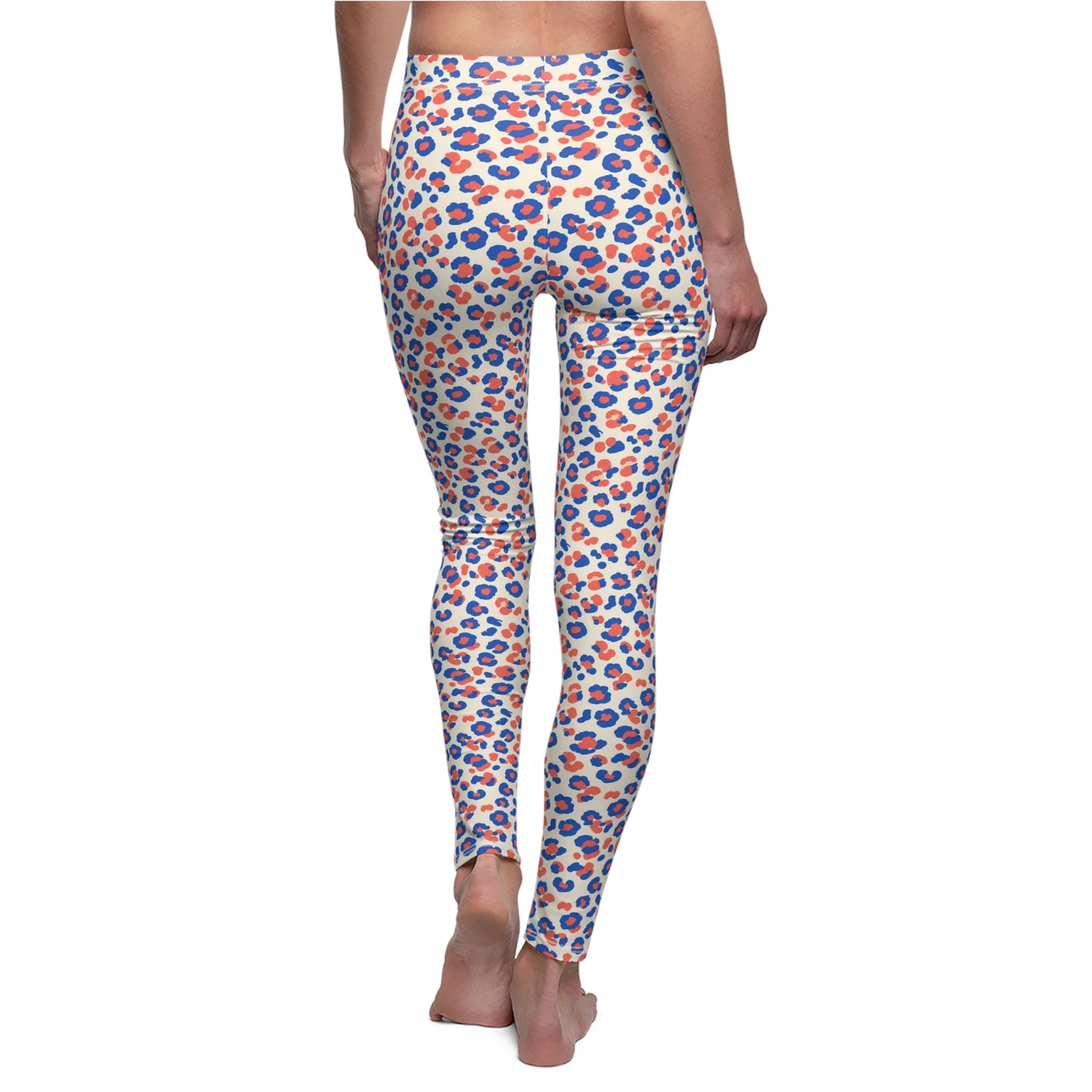 Rear view of a person wearing high-waisted leggings with an allover leopard print pattern in blue, orange, and white, standing barefoot against a plain white background. Pretty Colorful Pastel Leopard Print Leggings Casual Wear