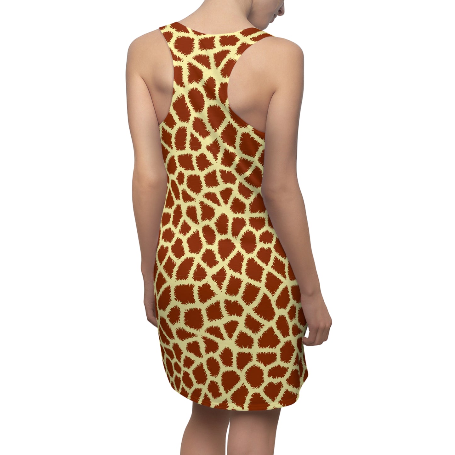 A sleeveless bodycon mini dress with a giraffe print pattern, shown from the back on a model against a plain white background. Unique Comfortable Giraffe Print Women's Racerback Dress Shop the Comfortable Giraffe Print Women's Racerback Dress, designed for easy movement, soft style, and standout everyday wear.