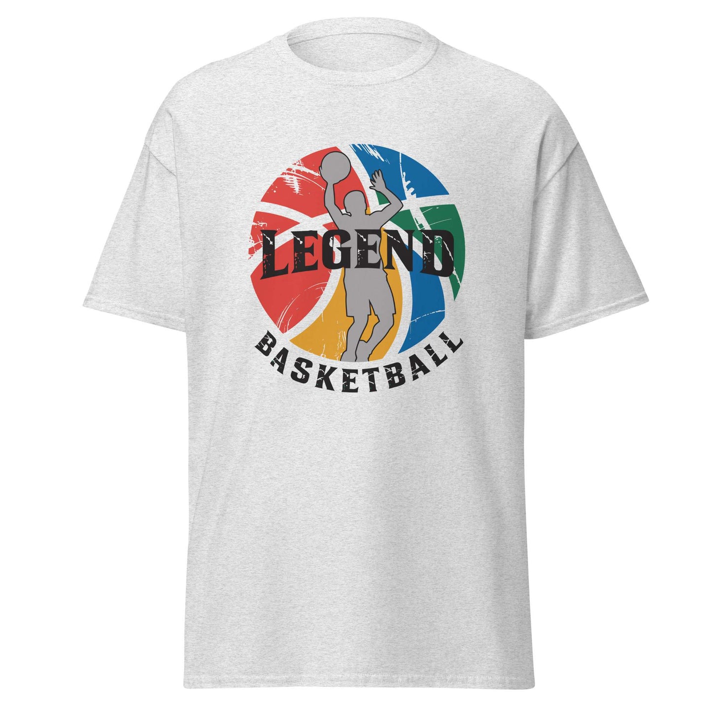 A light gray heather crewneck t-shirt featuring a colorful graphic on the chest with a basketball player silhouette, a multi-colored basketball, and the text 'LEGEND BASKETBALL'. Unique Comfortable Legend Basketball Graphic T-Shirt for Casual Outfits