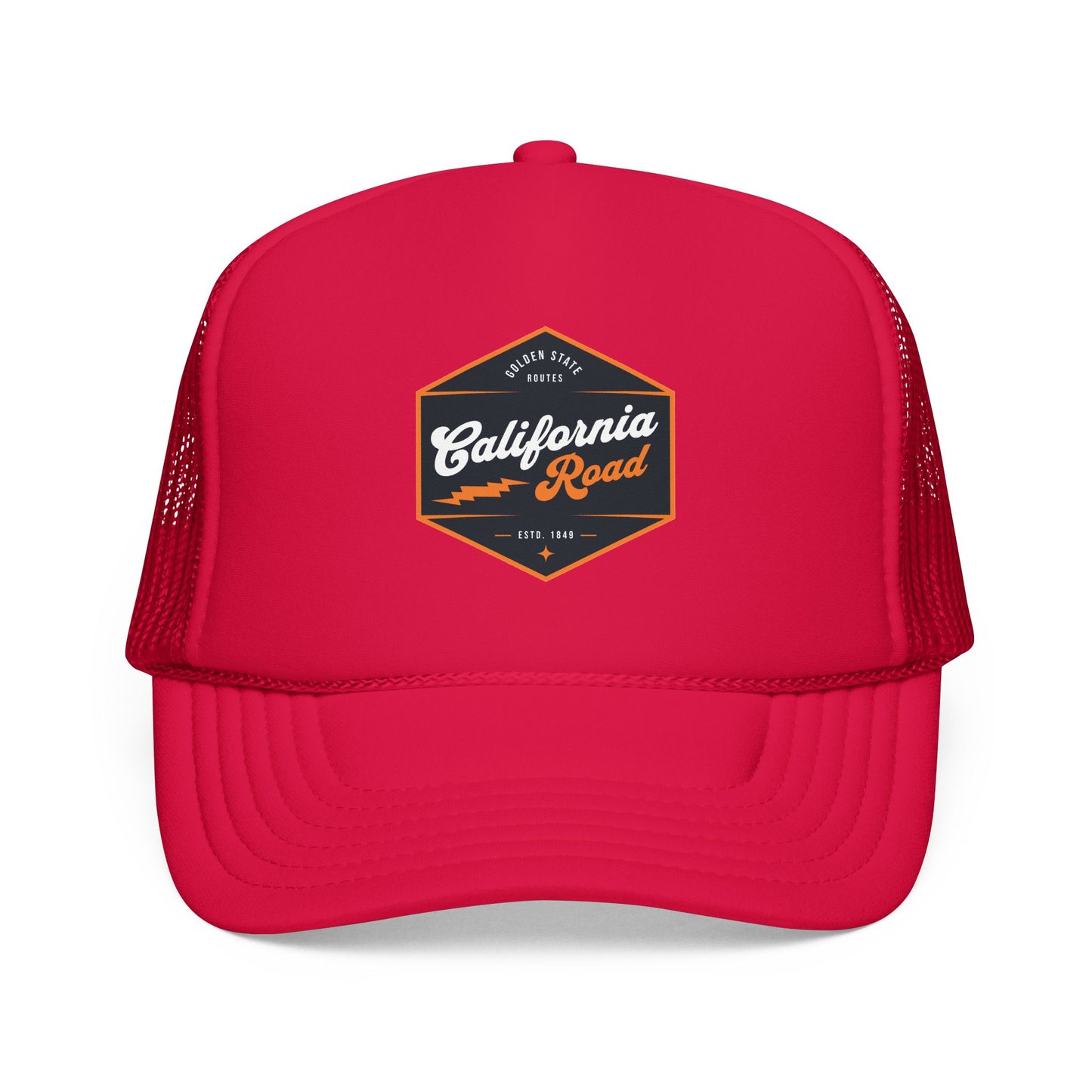A bright red trucker hat with a curved brim and mesh back panels, featuring a central black, orange, and white 'California Road' graphic on the front. Unique Vintage Classic California Road Foam Trucker Hat
