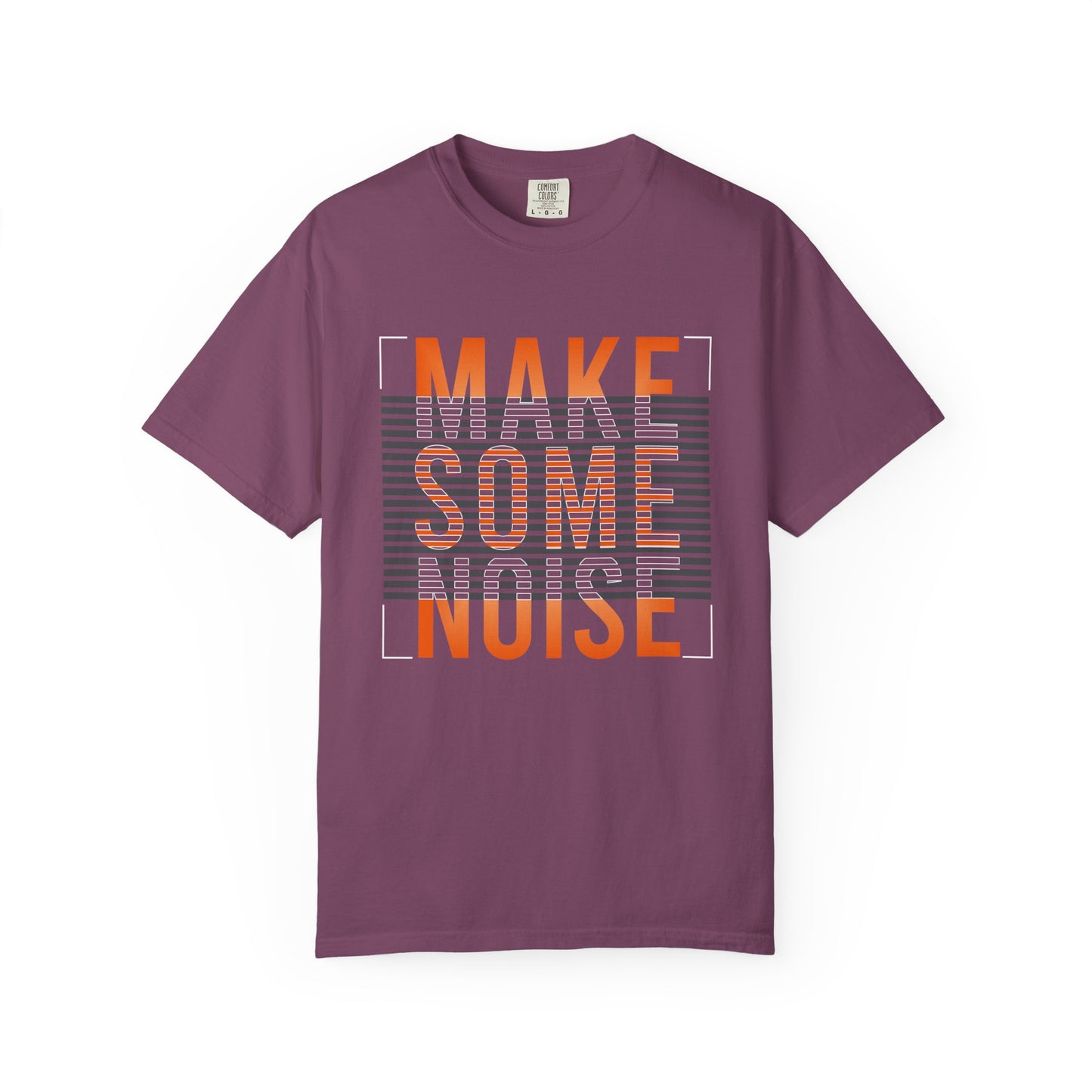 A dark gray crewneck t-shirt with a graphic print on the front reading 'MAKE SOME NOISE' in orange and white block letters over a gray striped background. Wearable Art Make Some Noise Slogan Typography Graphic T-Shirt Casual Wear