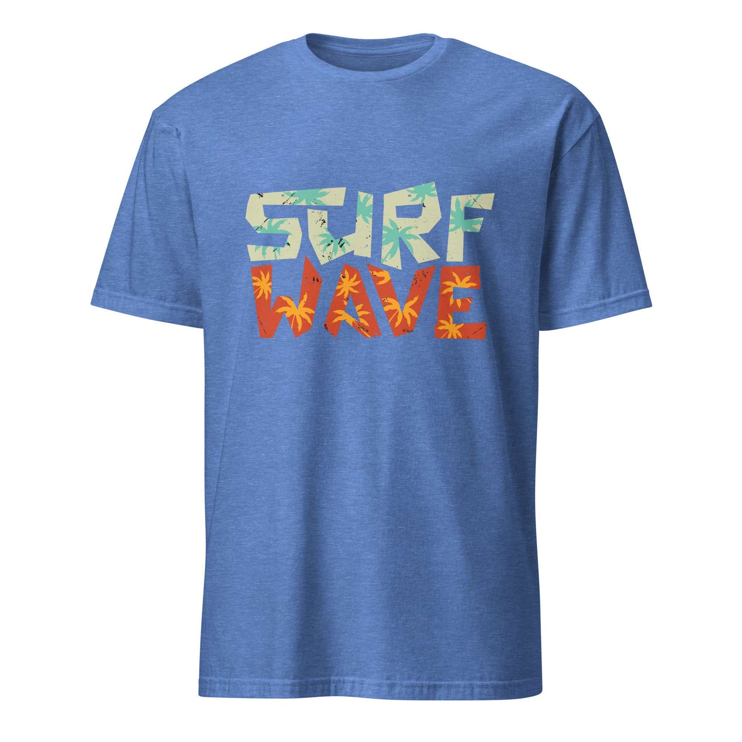A heather blue short-sleeve t-shirt with a graphic on the chest reading 'SURF WAVE' in a retro, distressed font filled with tropical palm leaves. 'SURF' is filled with light green and yellow leaves, while 'WAVE' is filled with orange and yellow leaves. Surf Wave Typography Lettering Graphic T-Shirt Casual Wear Shop the Surf Wave Lettering Typography Graphic T-Shirt Casual Wear design, featuring a laid-back coastal look for everyday outfits and beach days. Buy Surf Wave Lettering Typography Graphic T-Shirt.