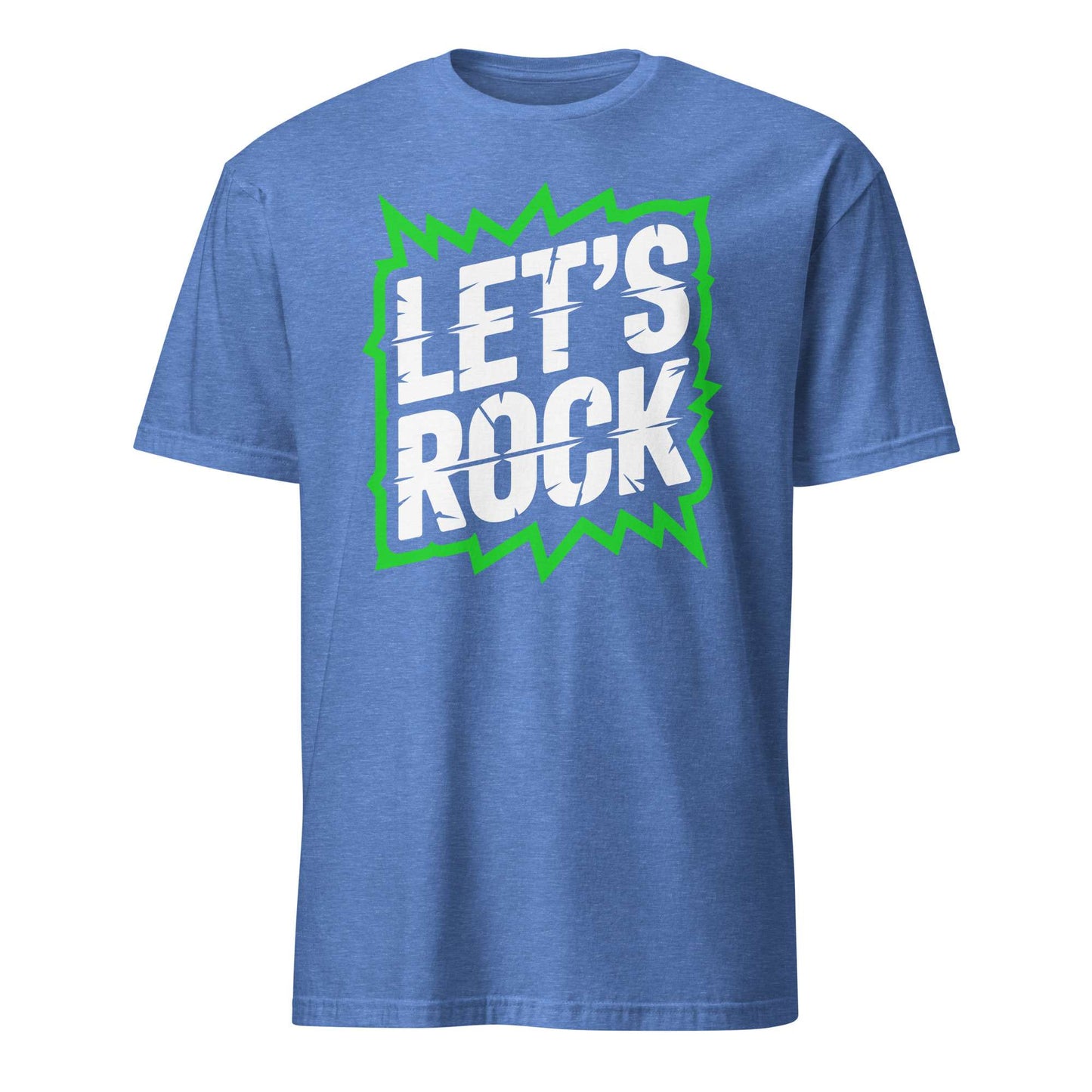 A heather blue short-sleeve t-shirt with a graphic on the chest that reads 'LET'S ROCK' in white distressed letters inside a green jagged speech-bubble shape, shown on a plain white background. Let's Rock Music Bold Typography Graphic T-Shirt Casual Wear Shop the Let's Rock Music Bold Typography Graphic T-Shirt Casual Wear for a standout look, soft comfort, and everyday rock-inspired style.