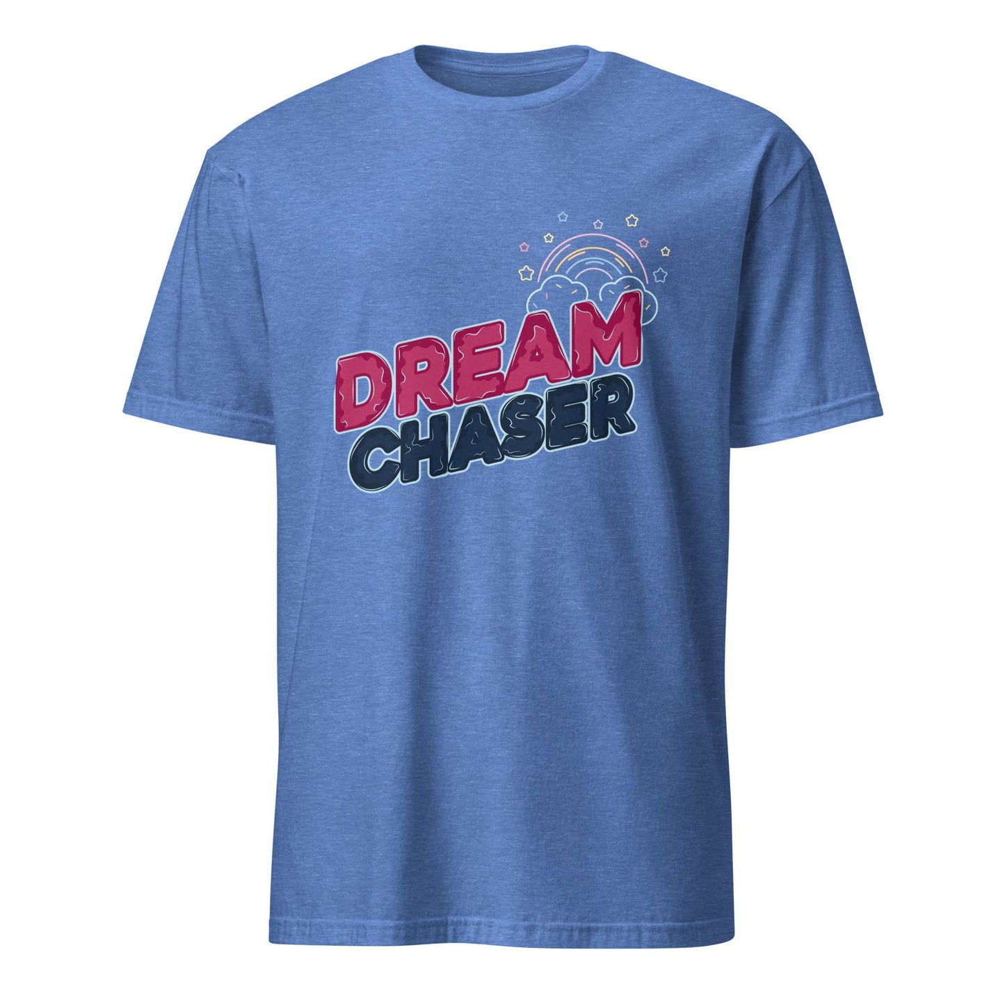 A heather blue short-sleeve t-shirt with a graphic on the chest that reads 'DREAM CHASER' in pink and dark blue lettering, with a small rainbow and star illustration above, shown on a plain white background. Minimal Dream Chaser Lettering Graphic T-Shirt Casual Wear Shop Minimal Dream Chaser Lettering Graphic T-Shirt Casual Wear for a clean, motivational look that pairs easily with your favorite outfits.