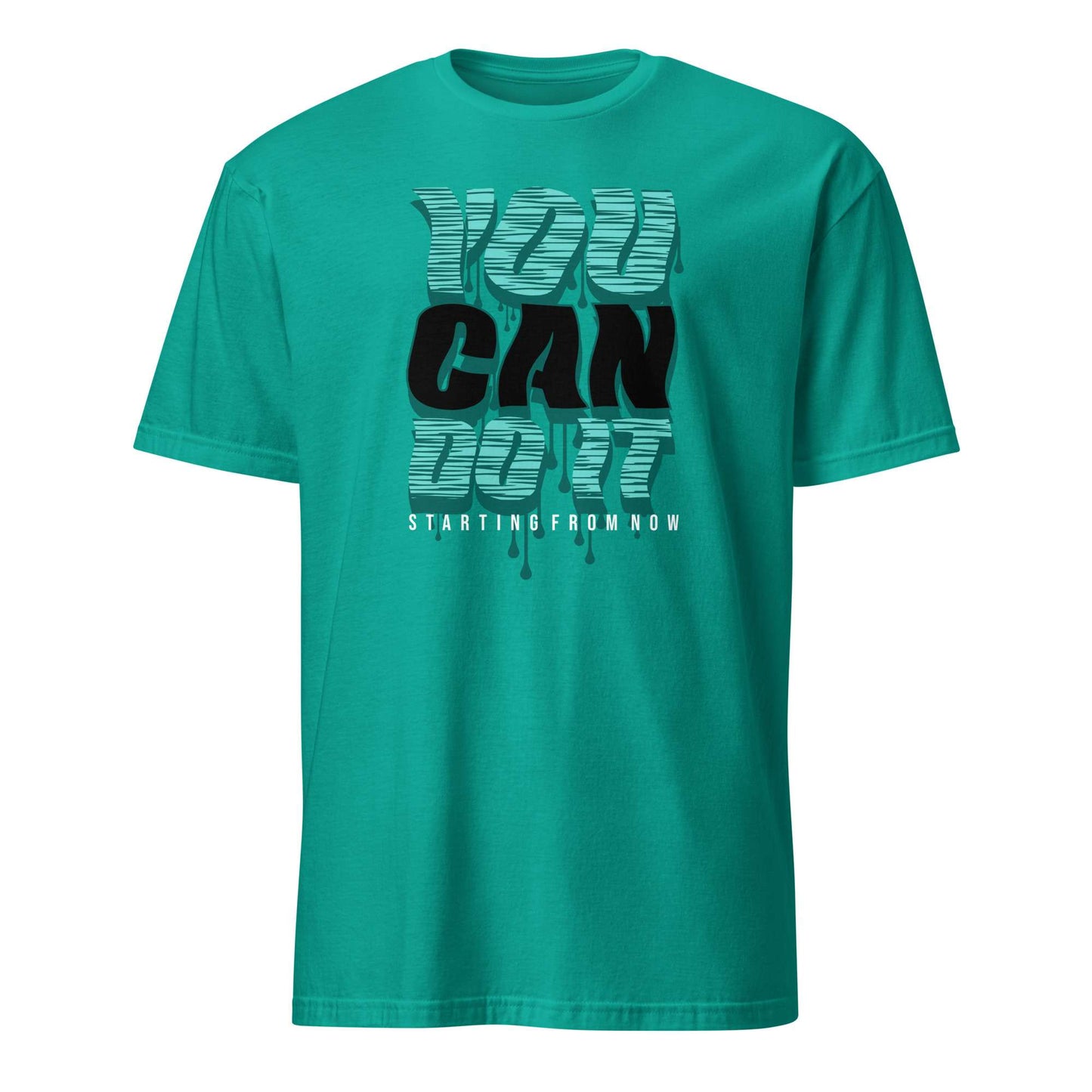 A teal green short-sleeve t-shirt with a graphic on the front reading 'YOU CAN DO IT' in black and light blue-green dripping letters, with 'STARTING FROM NOW' printed below in white, shown against a plain white background. You Can Do It Slogan Typography Graphic T-Shirt Casual Wear Shop the You Can Do It Slogan Typography Graphic T-Shirt for bold motivational style, everyday confidence, and effortlessly casual outfits.