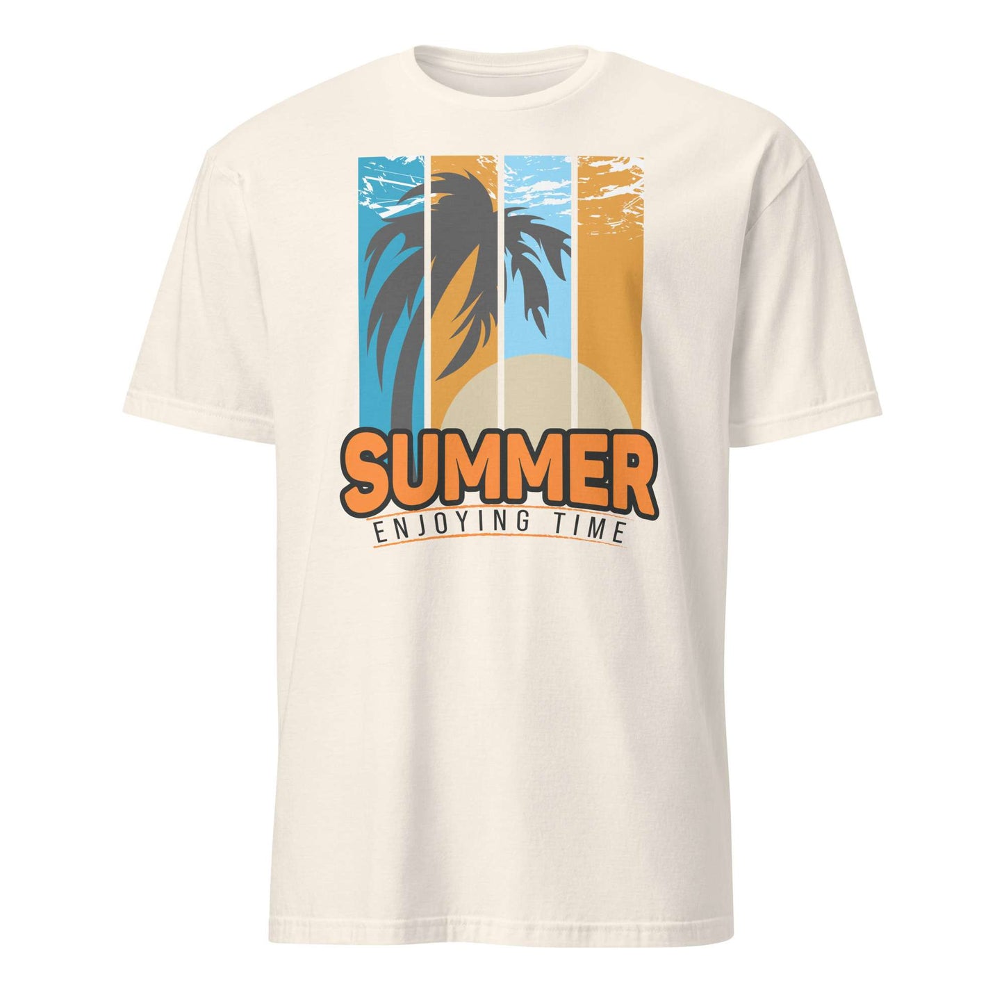 An off-white short-sleeve t-shirt with a retro-style graphic on the chest featuring a palm tree silhouette against vertical blue, white, and orange stripes, with the text 'SUMMER ENJOYING TIME' below it. Buy Summer Enjoying Time Palm Sunset Graphic T-Shirt Casual Wear Online for Sale Shop the Summer Enjoying Time Palm Sunset Graphic T-Shirt, featuring a vibrant tropical design perfect for beach days and warm escapes.