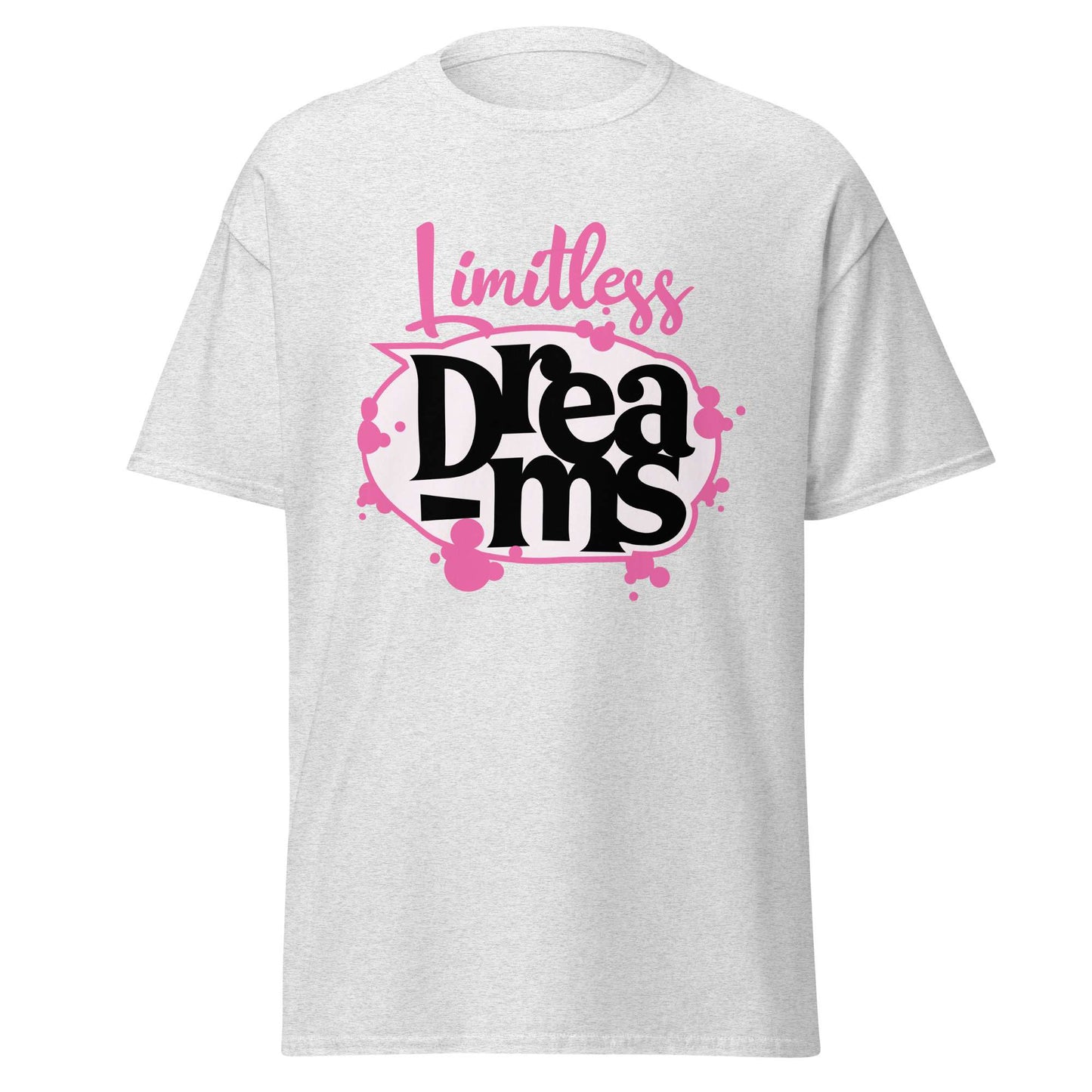 A light heather gray short-sleeve t-shirt with a graphic on the chest that reads 'Limitless Dreams' in pink and black stylized lettering, shown on a plain white background. Motivational Quote Limitless Dreams T-Shirt Casual Wear Shop the Motivational Quote Limitless Dreams T-Shirt Casual Wear design, made for everyday comfort and bold, uplifting style that inspires confidence. Elevate your wardrobe with Motivational Quote Limitless Dreams T-Shirt Casual Wear—comfortable, inspiring, and ready to wear.
