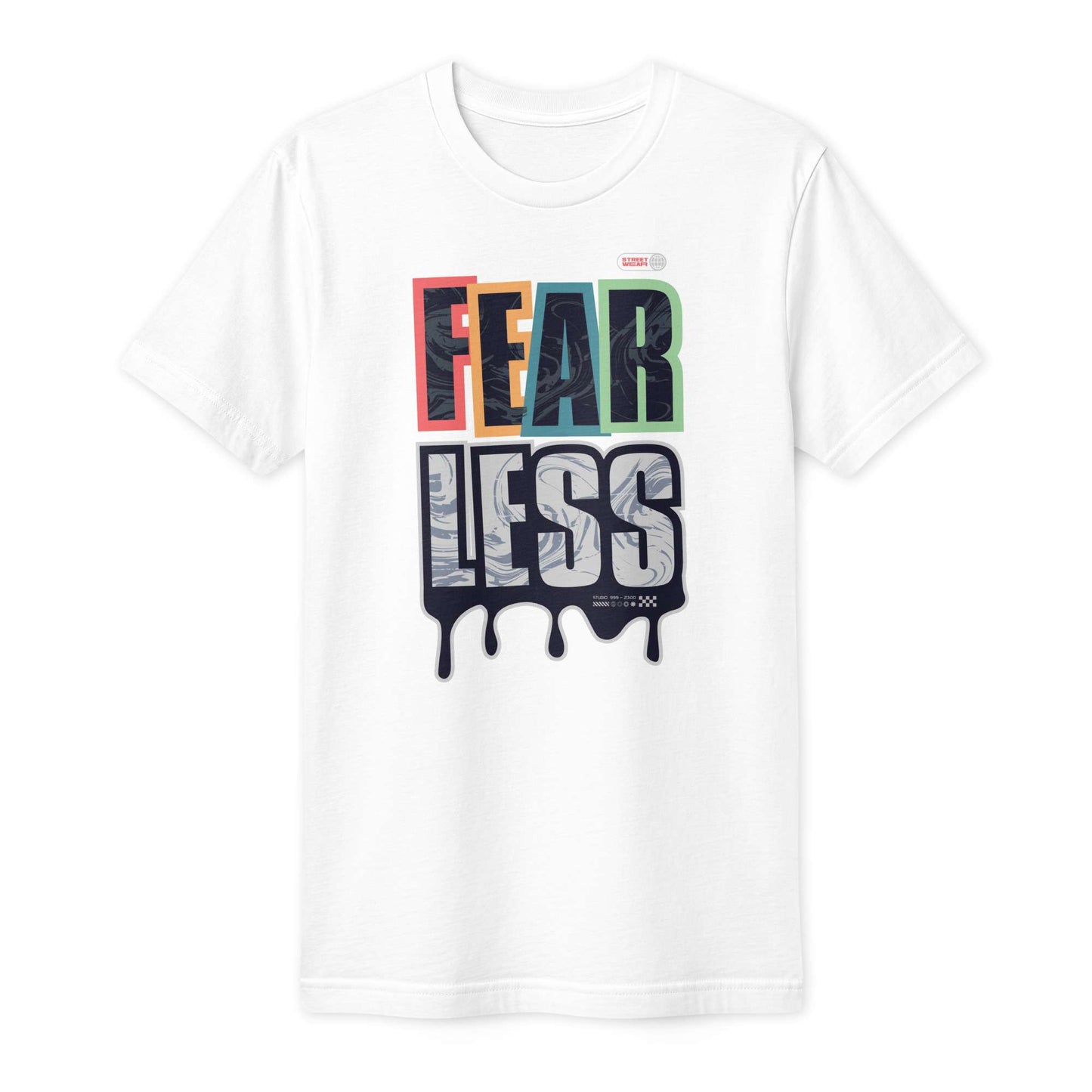 A white short-sleeve crewneck t-shirt featuring a colorful graphic print on the front that reads 'FEAR LESS' in a dripping paint style, with a small Marvel logo above the text. Fearless Bold Urban Streetwear Graphic Unisex Fine Jersey T-Shirt Shop online the Fearless Bold Urban Streetwear Fine Jersey T-Shirt for premium comfort, standout style, and a confident everyday look.