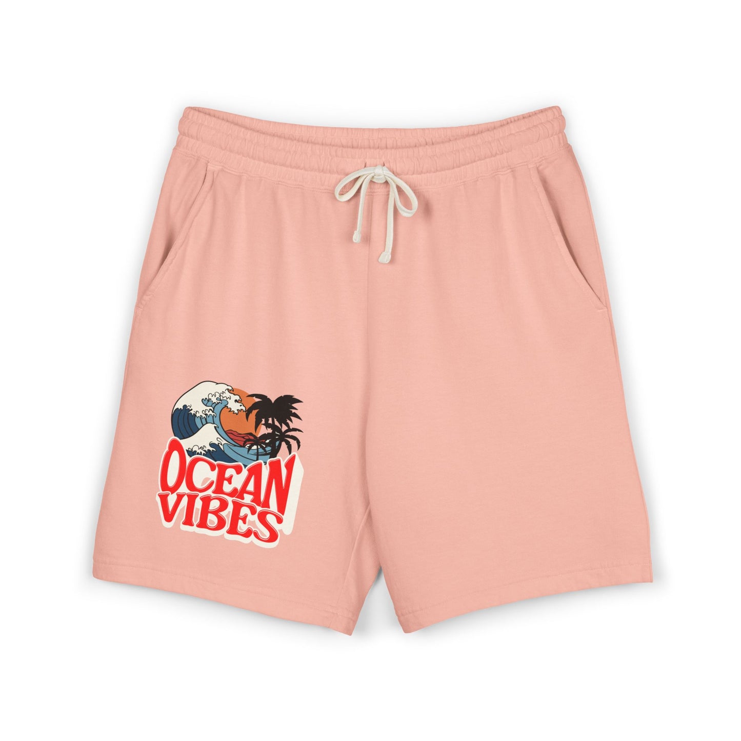 Light pink drawstring shorts with a graphic print of a Hawaiian wave and the words 'OCEAN VIBES' on the left leg, displayed on a clean white background. Unique Lightweight Fleece Sweat Shorts in Ocean Vibes Graphic Shop Lightweight Fleece Sweat Shorts in Ocean Vibes for breezy comfort, relaxed style, and an easygoing summer-ready look all day. Refresh your casual rotation with Lightweight Fleece Sweat Shorts in Ocean Vibes—soft, versatile, and ready for sunny days by the shore.