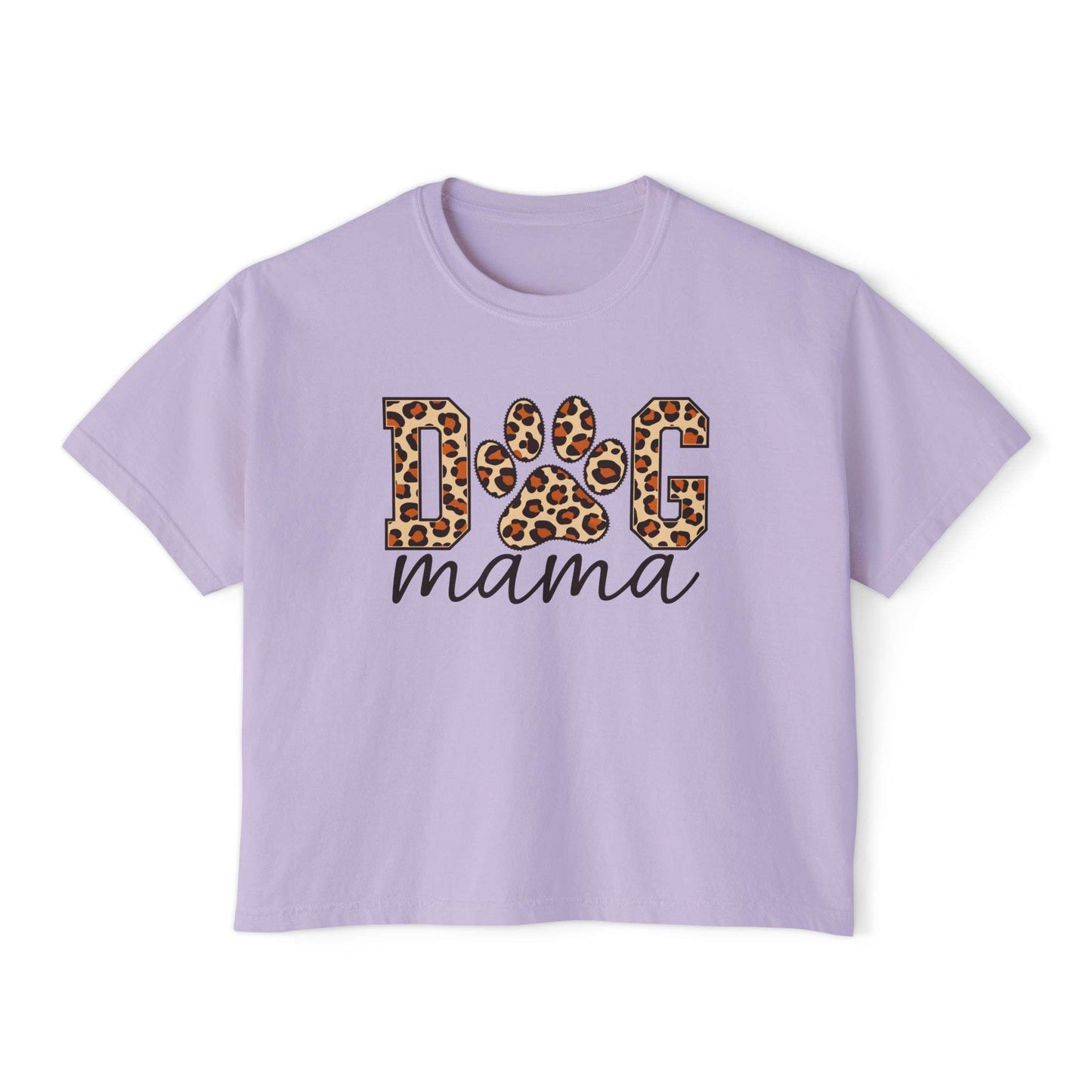 A light purple short-sleeve t-shirt with a graphic on the front that reads 'DOG mama'. The letters 'DOG' are filled with a leopard print pattern, and 'mama' is written below in black cursive. Dog Mama Leopard Paw Print Women's Boxy T-Shirt Casual Wear Add playful pet-parent style to your wardrobe with the Dog Mama Leopard Paw Print Women's Boxy T-Shirt Casual Wear and its eye-catching design. Celebrate your favorite furry friend with the Dog Mama Leopard Paw Print Women's Boxy T-Shirt for Sale Online