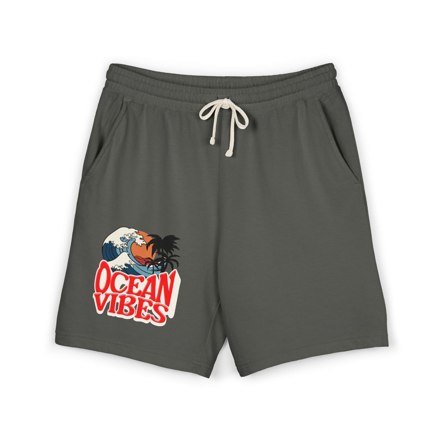 Dark gray drawstring shorts with a colorful graphic on the left leg featuring a cartoon character in front of a wave and the text 'OCEAN VIBES'. Unique Lightweight Fleece Sweat Shorts in Ocean Vibes Graphic Shop Lightweight Fleece Sweat Shorts in Ocean Vibes for breezy comfort, relaxed style, and an easygoing summer-ready look all day. Refresh your casual rotation with Lightweight Fleece Sweat Shorts in Ocean Vibes—soft, versatile, and ready for sunny days by the shore. Buy Lightweight Fleece Sweat Shorts.