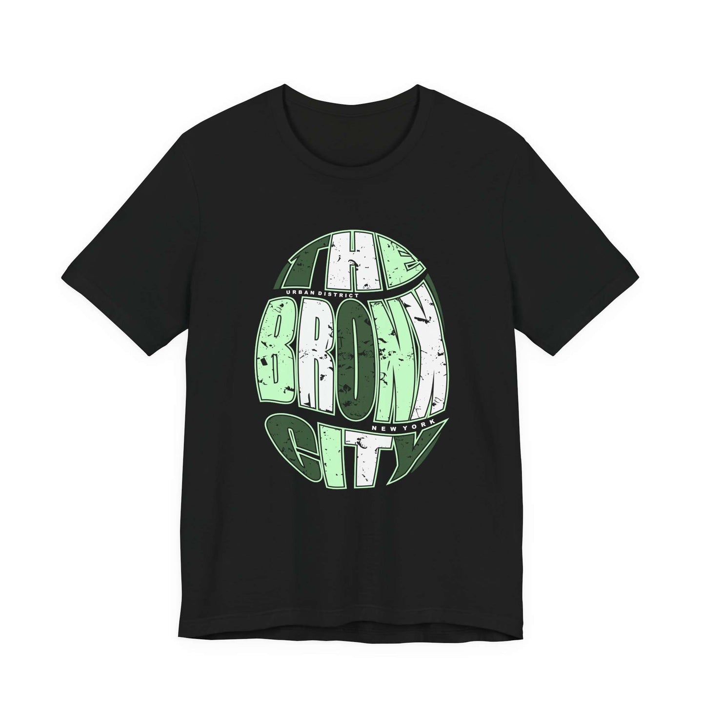 A black short-sleeve crewneck t-shirt featuring a distressed green and white graphic on the front that reads 'THE BRONX CITY'. Vintage NYC Urban Bronx City Graphic T-Shirt Casual Wear Shop Vintage NYC Urban Bronx City Graphic T-Shirt Casual Wear for a laid-back retro look that brings Bronx-inspired energy to any outfit. Elevate your wardrobe with Vintage NYC Urban Bronx City Graphic T-Shirt Casual Wear, blending classic city vibes with effortless comfort.