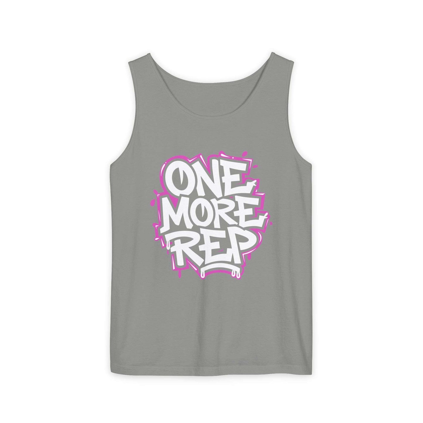 A gray sleeveless tank top with a graphic on the front that reads 'ONE MORE REP' in white bubble letters outlined in pink, shown on a plain white background. Best Fitness Motivational Graffiti Typography Tank Top Casual Wear Shop the Fitness Motivational Graffiti Typography Tank Top for bold workout style, breathable comfort, and everyday gym inspiration. Elevate every session with the Fitness Motivational Graffiti Typography Tank Top, featuring energetic street-art style and active comfort.