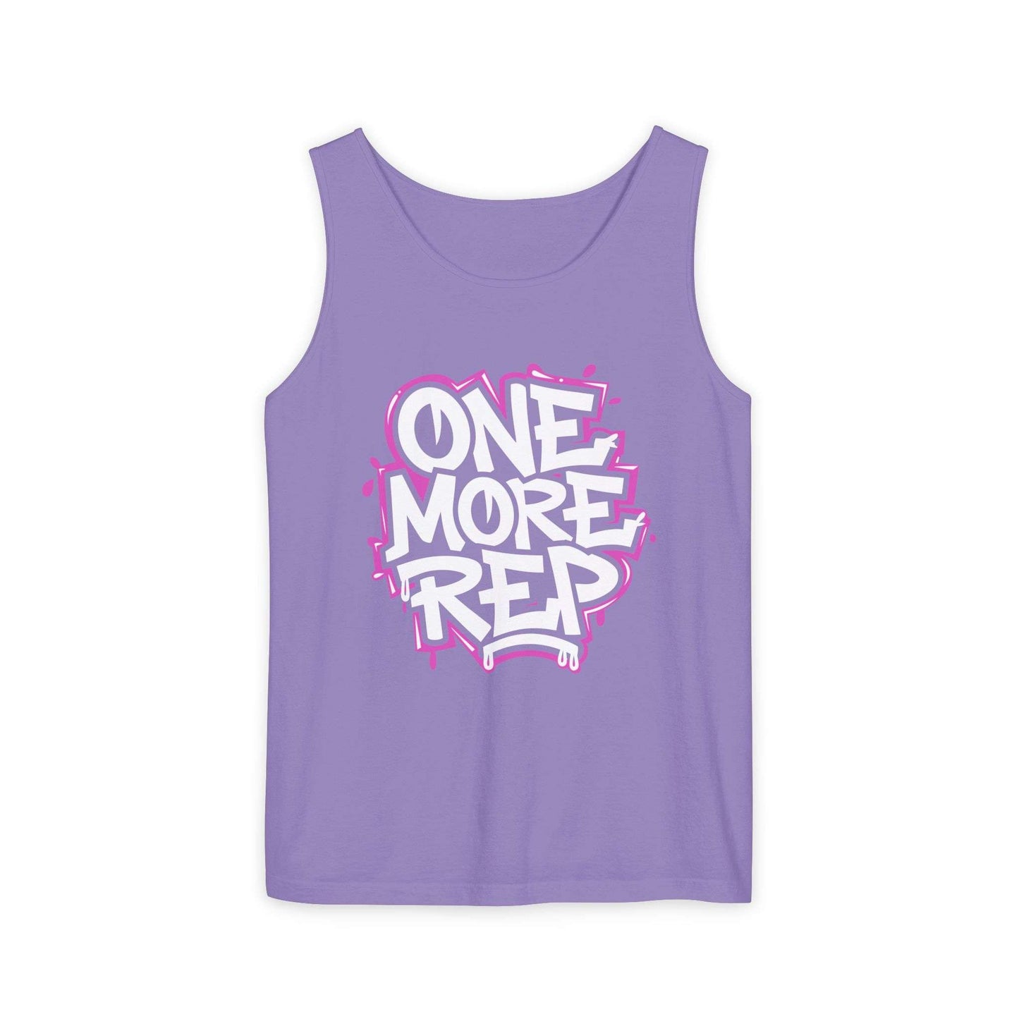 A lavender purple sleeveless tank top featuring a bold graphic on the chest that reads 'ONE MORE REP' in white graffiti-style lettering with a bright pink outline, displayed against a solid white background. Best Fitness Motivational Graffiti Typography Tank Top Casual Wear Shop the Fitness Motivational Graffiti Typography Tank Top for bold workout style, breathable comfort, and everyday gym inspiration.