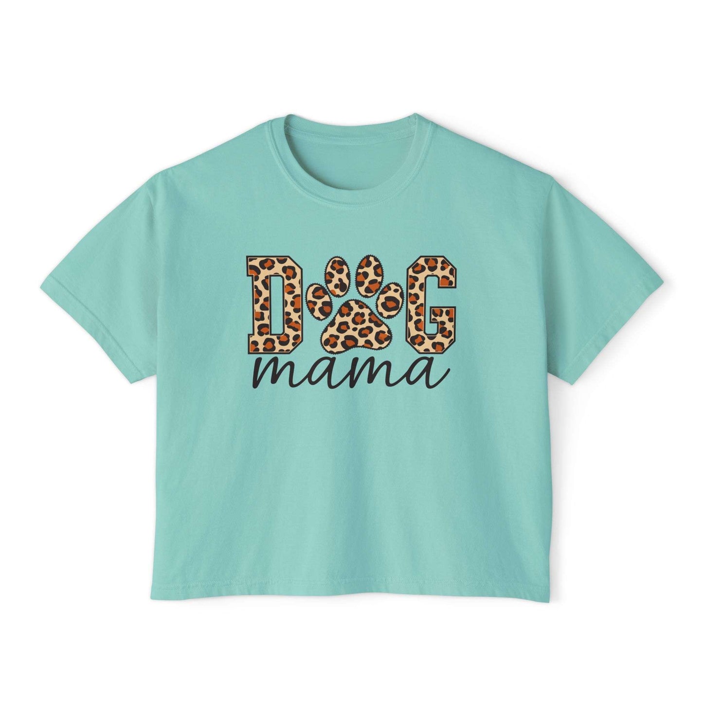 A mint green short-sleeve crop top t-shirt featuring a graphic on the front that reads 'DOG mama'. The letters 'D', 'O', and 'G' are filled with a brown and black leopard print pattern, and 'mama' is written below in black cursive script. Dog Mama Leopard Paw Print Women's Boxy T-Shirt Casual Wear Add playful pet-parent style to your wardrobe with the Dog Mama Leopard Paw Print Women's Boxy T-Shirt Casual Wear and its eye-catching design.