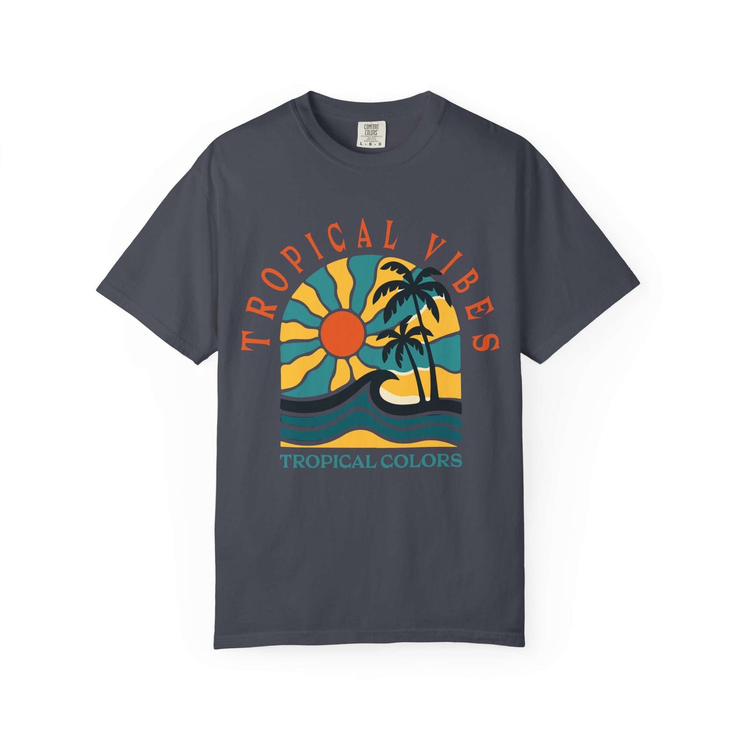 A dark gray crewneck t-shirt featuring a retro tropical graphic with palm trees, a sun, and waves, with the text 'TROPICAL VIBES' and 'TROPICAL COLORS'. Tropical Vibes Summer Graphic Print T-Shirt Shop Tropical Vibes Summer Beach Graphic T-Shirt Casual Wear for breezy comfort, bold island-inspired style, and effortless sunny-day looks.