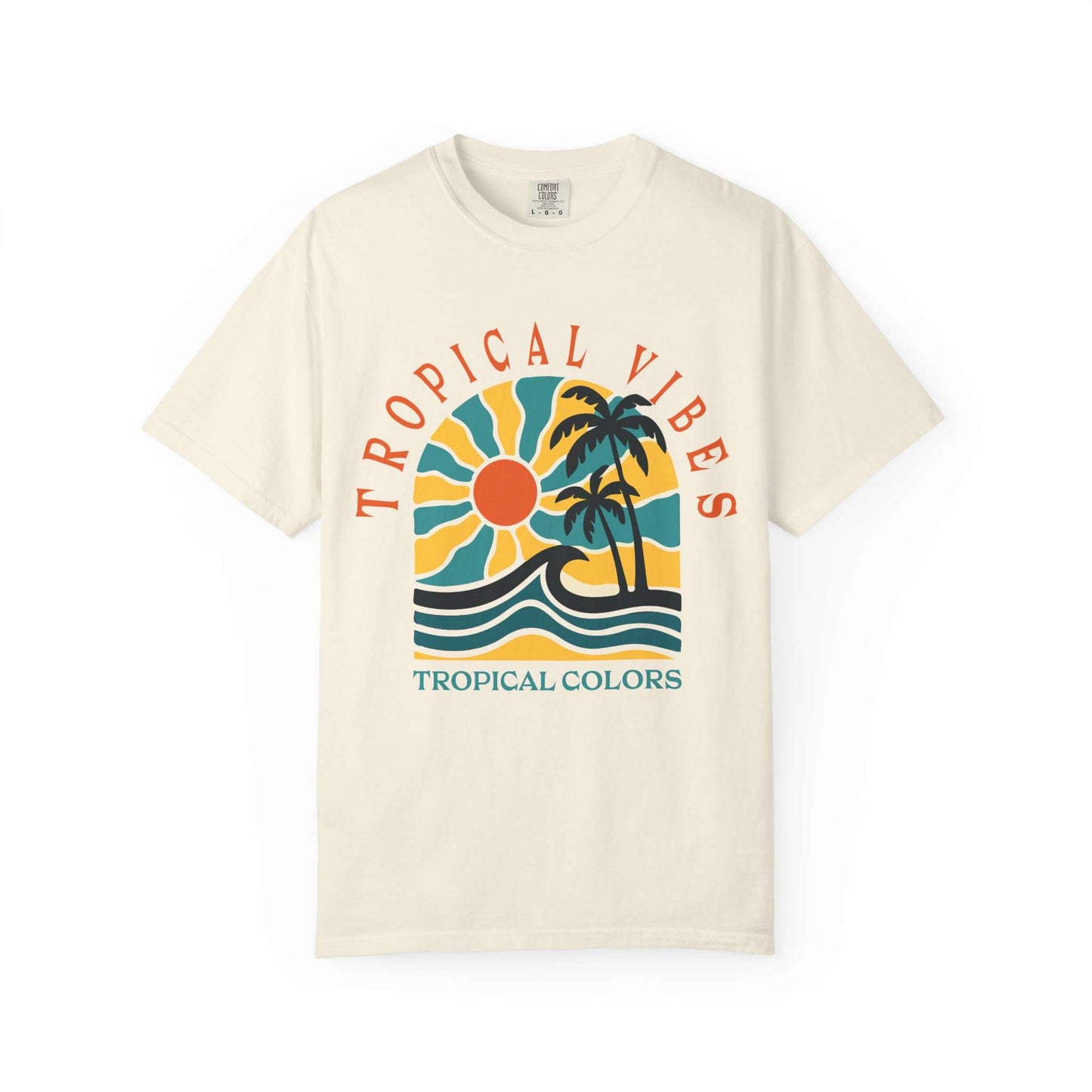 An off-white short-sleeve t-shirt with a retro tropical graphic on the chest. The graphic features a yellow and orange sun, blue waves, and two black palm trees, with the text 'TROPICAL VIBES' arched above and 'TROPICAL COLORS' printed below. Tropical Vibes Summer Graphic Print T-Shirt Shop Tropical Vibes Summer Beach Graphic T-Shirt Casual Wear for breezy comfort, bold island-inspired style, and effortless sunny-day looks.