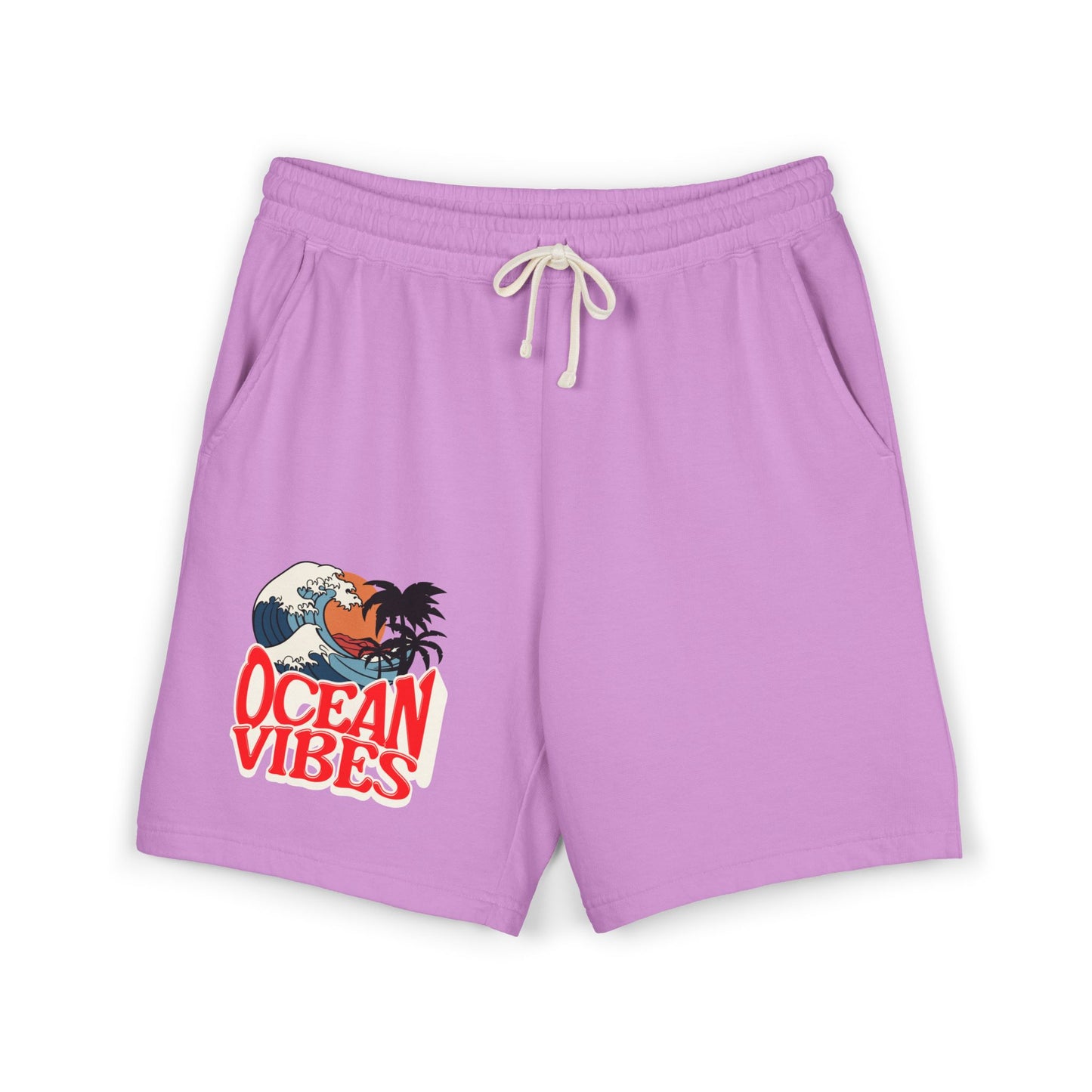 Purple athletic shorts with a white drawstring and a 'Ocean Vibes' graphic on the left leg, displayed on a clean white background.