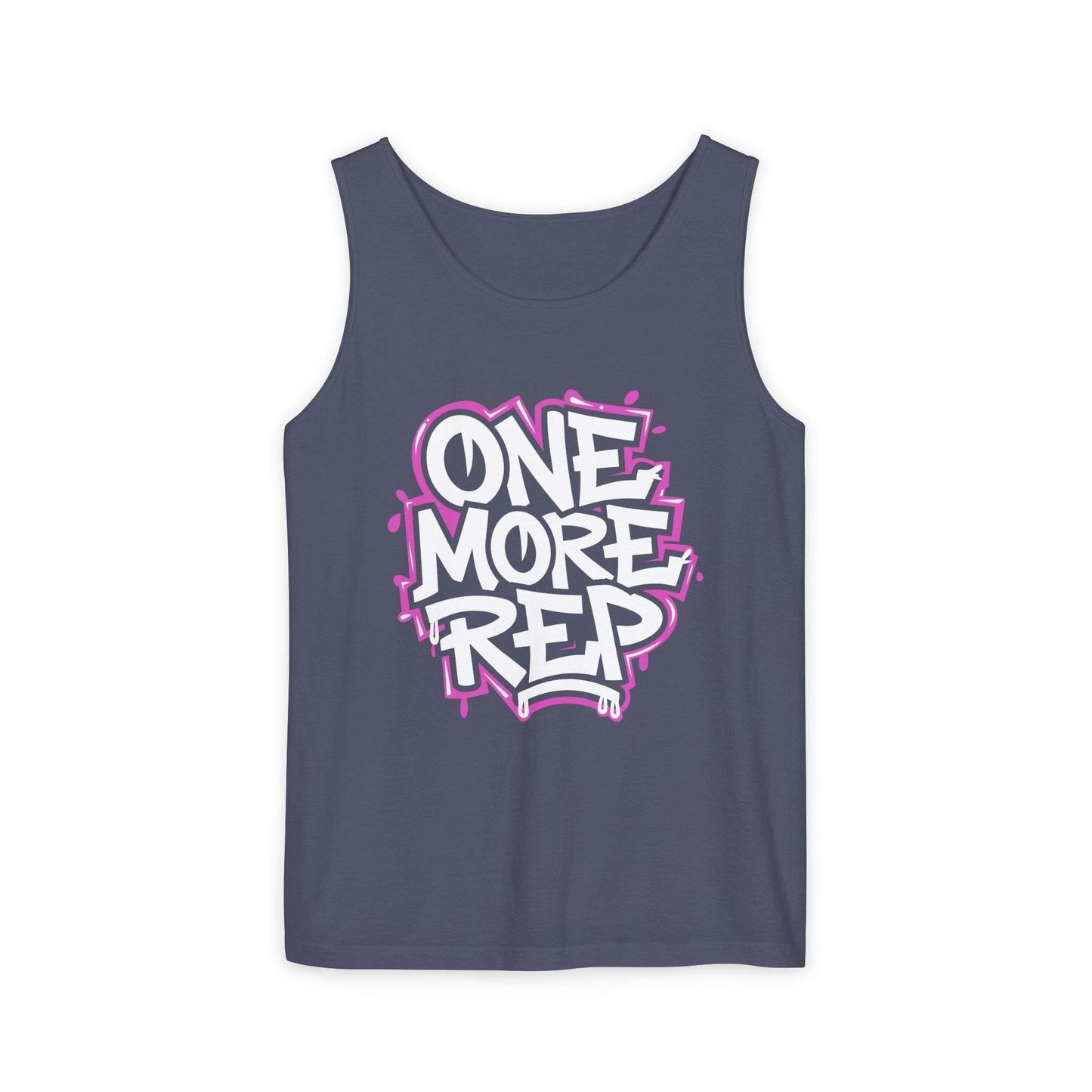 A slate blue tank top featuring a bold graphic on the chest that reads 'ONE MORE REP' in white bubble letters with a pink graffiti-style outline, displayed against a solid white background. Best Fitness Motivational Graffiti Typography Tank Top Casual Wear Shop the Fitness Motivational Graffiti Typography Tank Top for bold workout style, breathable comfort, and everyday gym inspiration.