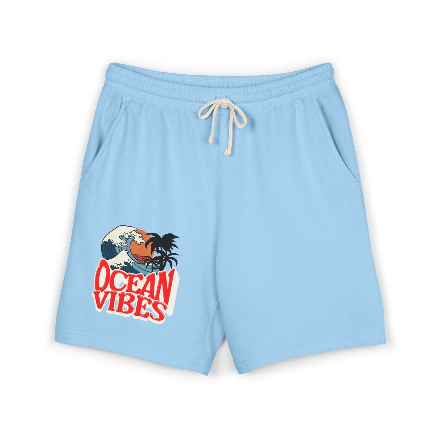 Light blue men's drawstring shorts with a graphic print on the left leg featuring a cartoon rooster and the text 'OCEAN VIBES'. Unique Lightweight Fleece Sweat Shorts in Ocean Vibes Graphic Shop Lightweight Fleece Sweat Shorts in Ocean Vibes for breezy comfort, relaxed style, and an easygoing summer-ready look all day. Refresh your casual rotation with Lightweight Fleece Sweat Shorts in Ocean Vibes—soft, versatile, and ready for sunny days by the shore. Buy Lightweight Fleece Sweat Shorts in Ocean Vibes.