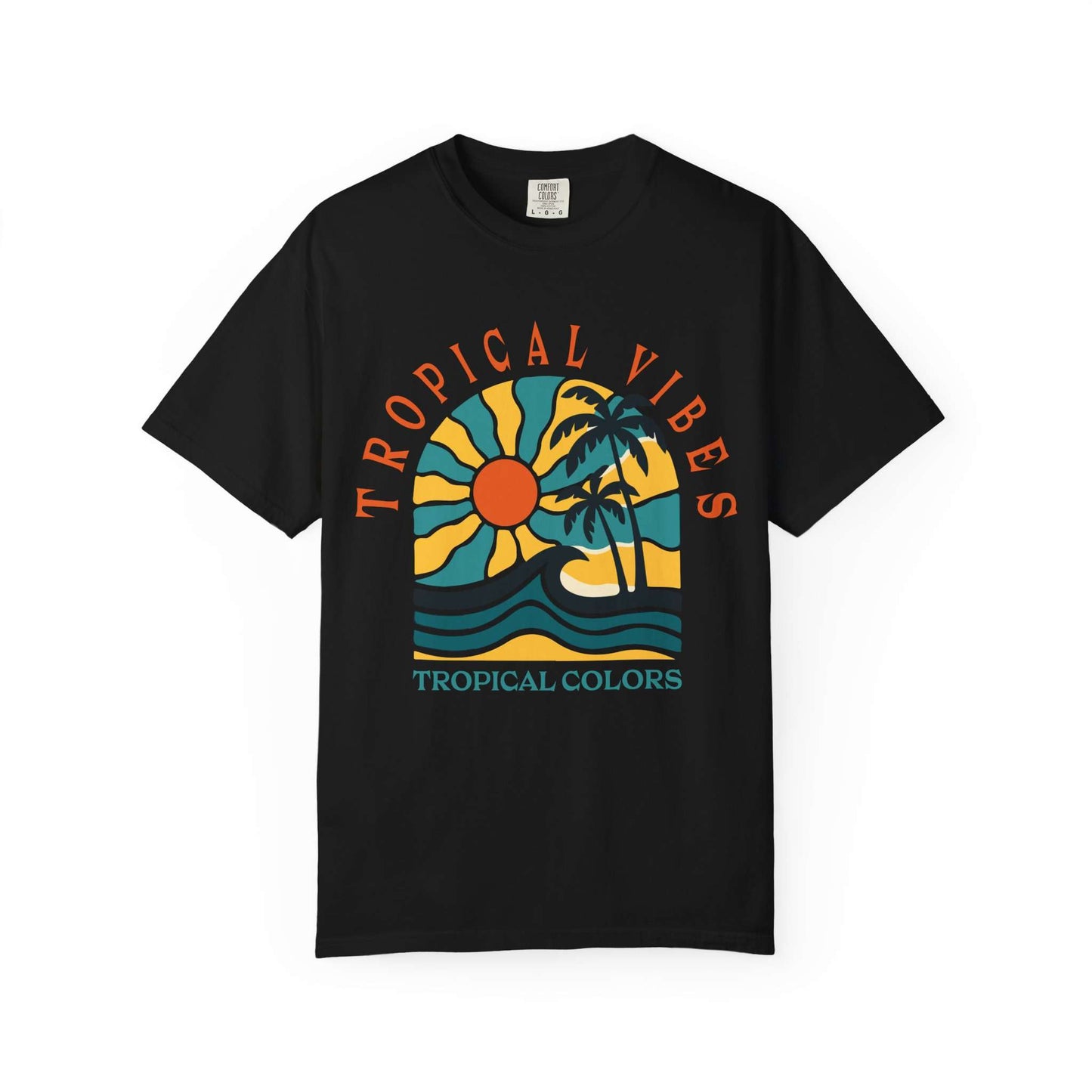 A black short-sleeve crewneck t-shirt featuring a retro tropical graphic on the chest with a yellow sun, blue waves, palm trees, and orange text reading 'TROPICAL VIBES' and 'TROPICAL COLORS'. Tropical Vibes Summer Graphic Print T-Shirt Shop Tropical Vibes Summer Beach Graphic T-Shirt Casual Wear for breezy comfort, bold island-inspired style, and effortless sunny-day looks.