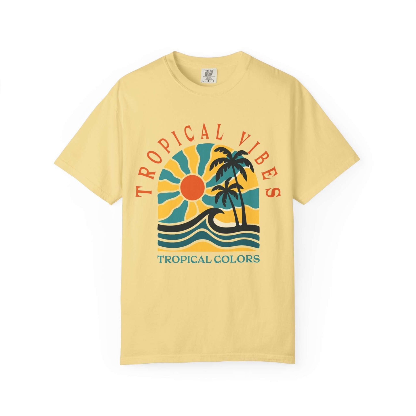 A pale yellow short-sleeve t-shirt with a retro tropical graphic on the chest. The graphic features a yellow and blue sun, two palm trees, and blue waves, with the text 'TROPICAL VIBES' arched above and 'TROPICAL COLORS' printed below. Tropical Vibes Summer Graphic Print T-Shirt Shop Tropical Vibes Summer Beach Graphic T-Shirt Casual Wear for breezy comfort, bold island-inspired style, and effortless sunny-day looks.
