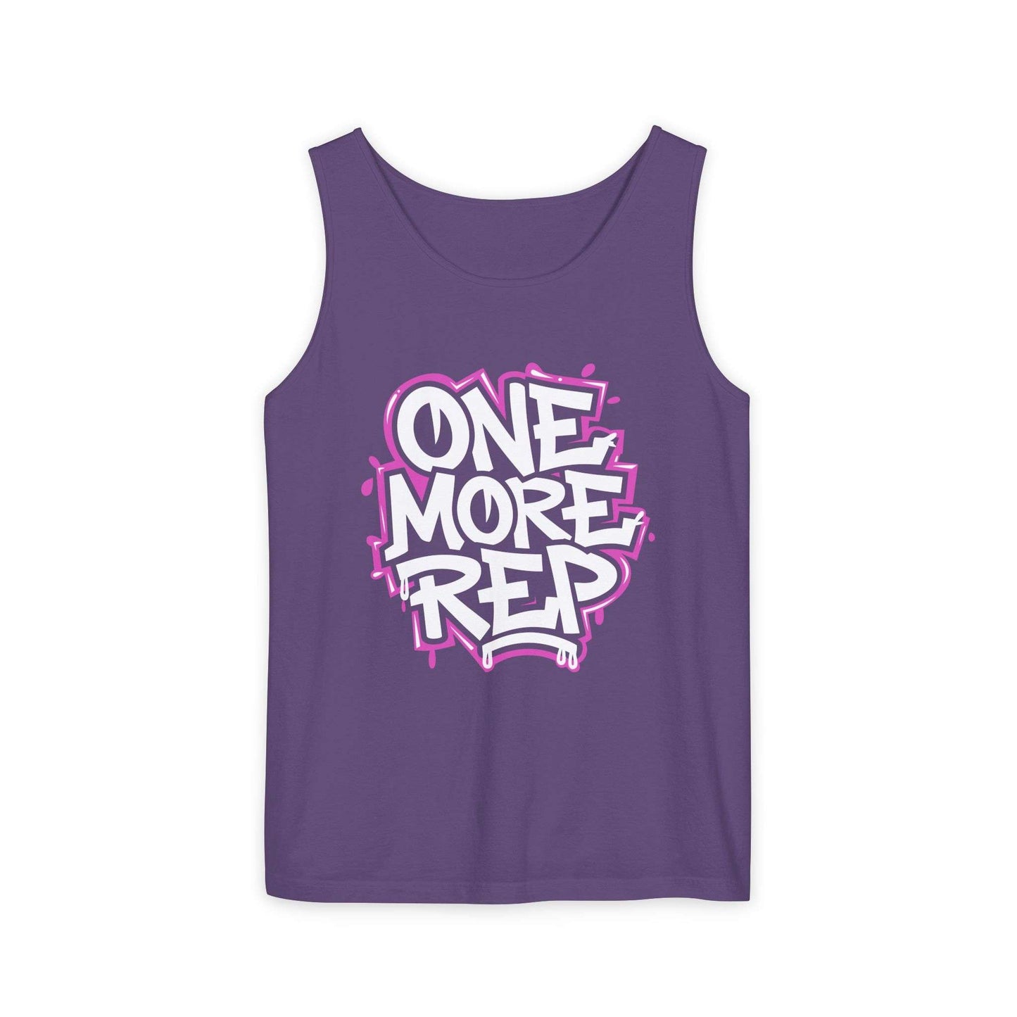 A slate blue tank top featuring a bold graphic on the chest that reads 'ONE MORE REP' in white bubble letters with a pink graffiti-style outline, displayed against a solid white background. Best Fitness Motivational Graffiti Typography Tank Top Casual Wear Shop the Fitness Motivational Graffiti Typography Tank Top for bold workout style, breathable comfort, and everyday gym inspiration.