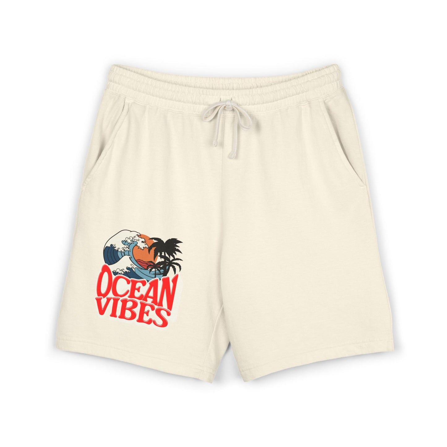 Cream-colored drawstring shorts with a graphic print of a rooster on a wave and the text 'OCEAN VIBES' in red, displayed on a clean white background. Unique Lightweight Fleece Sweat Shorts in Ocean Vibes Graphic Shop Lightweight Fleece Sweat Shorts in Ocean Vibes for breezy comfort, relaxed style, and an easygoing summer-ready look all day. Refresh your casual rotation with Lightweight Fleece Sweat Shorts in Ocean Vibes—soft, versatile, and ready for sunny days by the shore.