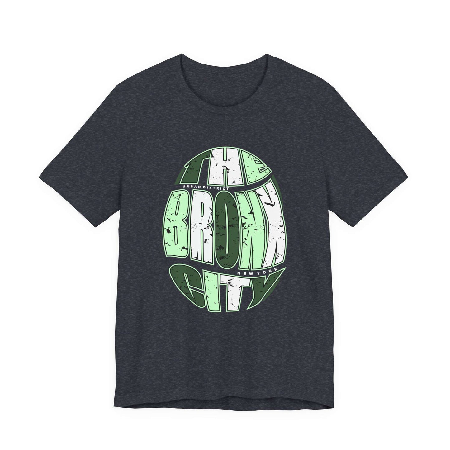 A dark heather gray crewneck t-shirt featuring a distressed green and white graphic on the front that reads 'THE BRONX CITY'. Vintage NYC Urban Bronx City Graphic T-Shirt Casual Wear Shop Vintage NYC Urban Bronx City Graphic T-Shirt Casual Wear for a laid-back retro look that brings Bronx-inspired energy to any outfit. Elevate your wardrobe with Vintage NYC Urban Bronx City Graphic T-Shirt Casual Wear, blending classic city vibes with effortless comfort.