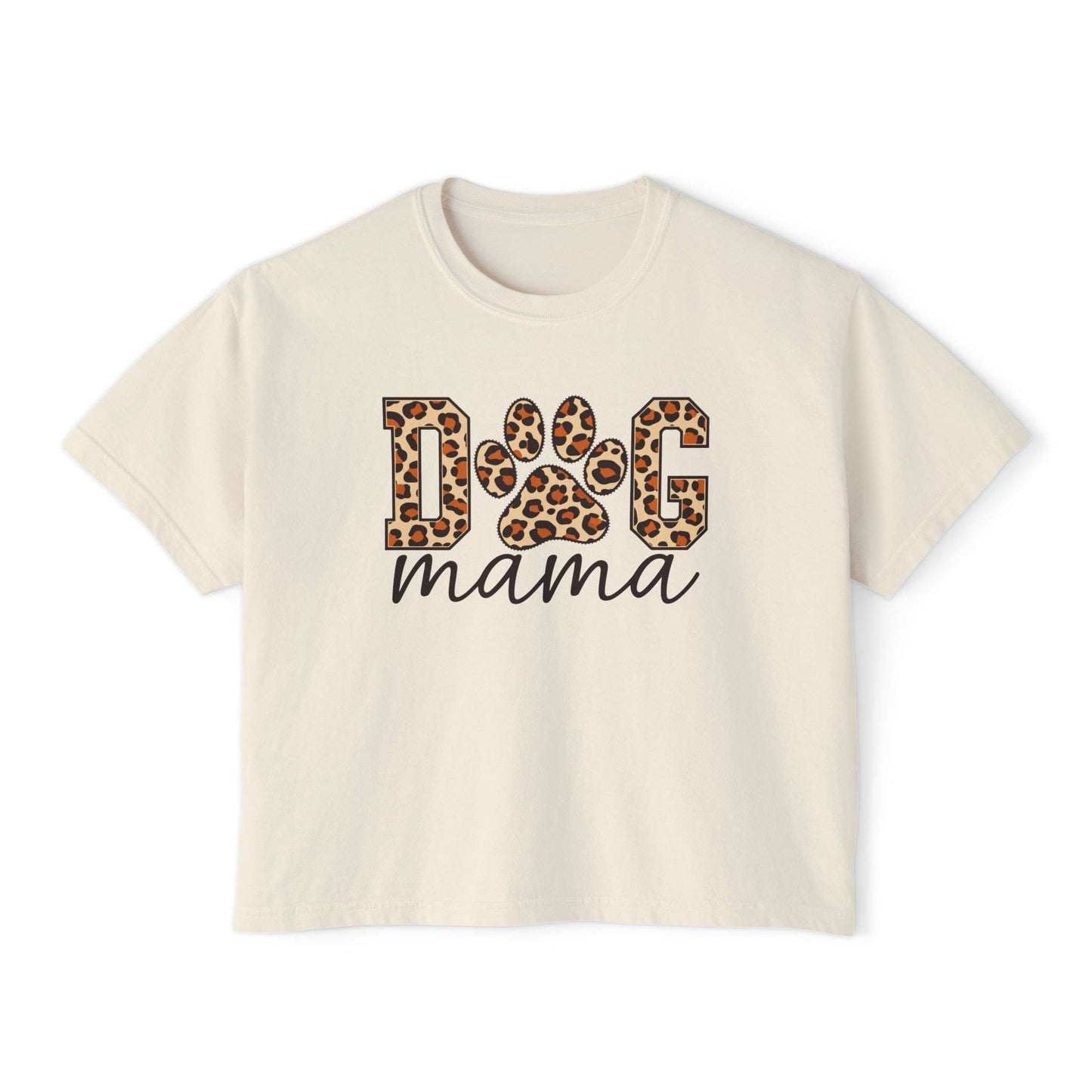 An off-white short-sleeve t-shirt with a graphic on the front that reads 'DOG mama'. The letters 'DOG' are filled with a brown and black leopard print pattern, and 'mama' is written below in black cursive. Dog Mama Leopard Paw Print Women's Boxy T-Shirt Casual Wear Add playful pet-parent style to your wardrobe with the Dog Mama Leopard Paw Print Women's Boxy T-Shirt Casual Wear and its eye-catching design. Celebrate your favorite furry friend with the Dog Mama Leopard Paw Print Women's Boxy T-Shirt for Sale