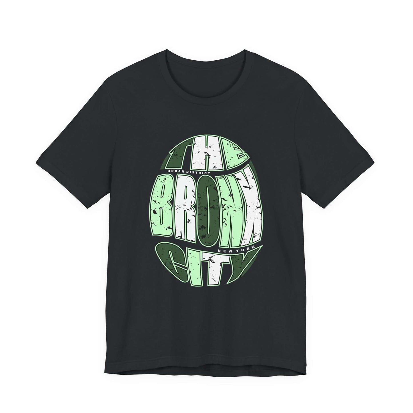 A black short-sleeve crewneck t-shirt featuring a distressed green and white graphic on the front that reads 'THE BRONX CITY'. Vintage NYC Urban Bronx City Graphic T-Shirt Casual Wear Shop Vintage NYC Urban Bronx City Graphic T-Shirt Casual Wear for a laid-back retro look that brings Bronx-inspired energy to any outfit. Elevate your wardrobe with Vintage NYC Urban Bronx City Graphic T-Shirt Casual Wear, blending classic city vibes with effortless comfort.