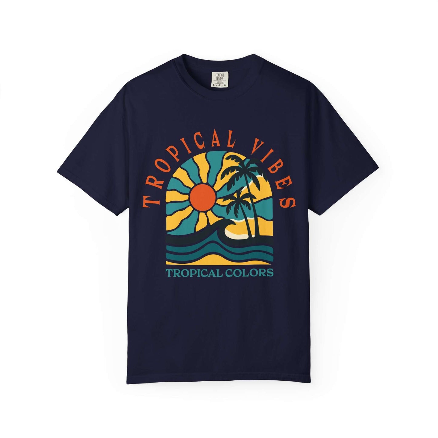 A navy blue short-sleeve crewneck t-shirt featuring a retro tropical graphic on the chest with a yellow sun, orange palm trees, and blue waves, with the text 'TROPICAL VIBES' and 'TROPICAL COLORS'. Tropical Vibes Summer Graphic Print T-Shirt Shop Tropical Vibes Summer Beach Graphic T-Shirt Casual Wear for breezy comfort, bold island-inspired style, and effortless sunny-day looks.