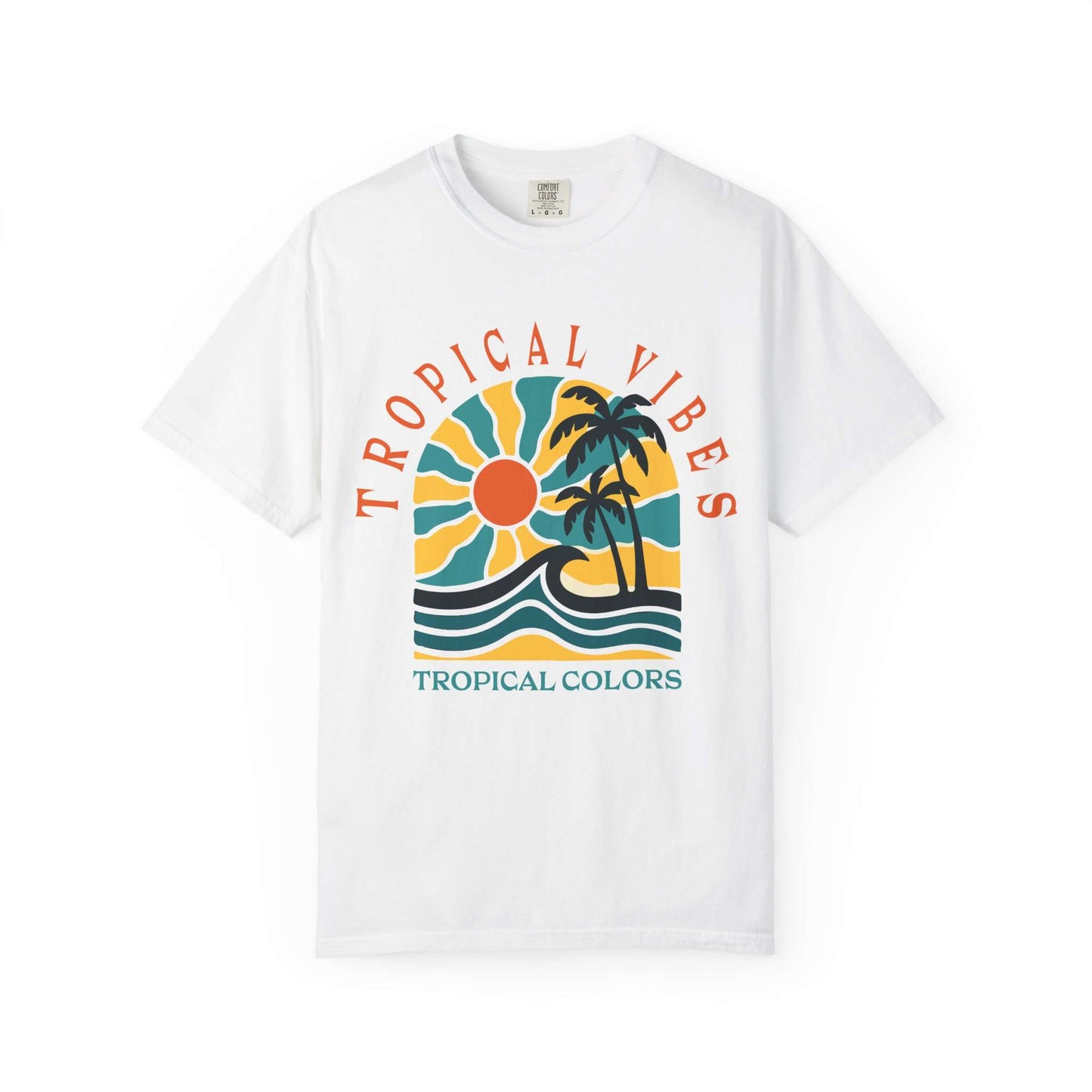 A white short-sleeve crewneck t-shirt featuring a retro-style tropical graphic on the chest with a sun, palm trees, waves, and the text 'TROPICAL VIBES' and 'TROPICAL COLORS'. Tropical Vibes Summer Graphic Print T-Shirt Shop Tropical Vibes Summer Beach Graphic T-Shirt Casual Wear for breezy comfort, bold island-inspired style, and effortless sunny-day looks.