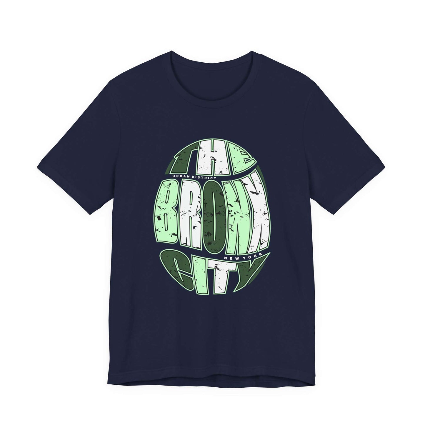 A navy blue short-sleeve crewneck t-shirt featuring a distressed graphic on the front that reads 'THE BRONX CITY' in green and white block letters. Vintage NYC Urban Bronx City Graphic T-Shirt Casual Wear Shop Vintage NYC Urban Bronx City Graphic T-Shirt Casual Wear for a laid-back retro look that brings Bronx-inspired energy to any outfit. Elevate your wardrobe with Vintage NYC Urban Bronx City Graphic T-Shirt Casual Wear, blending classic city vibes with effortless comfort.