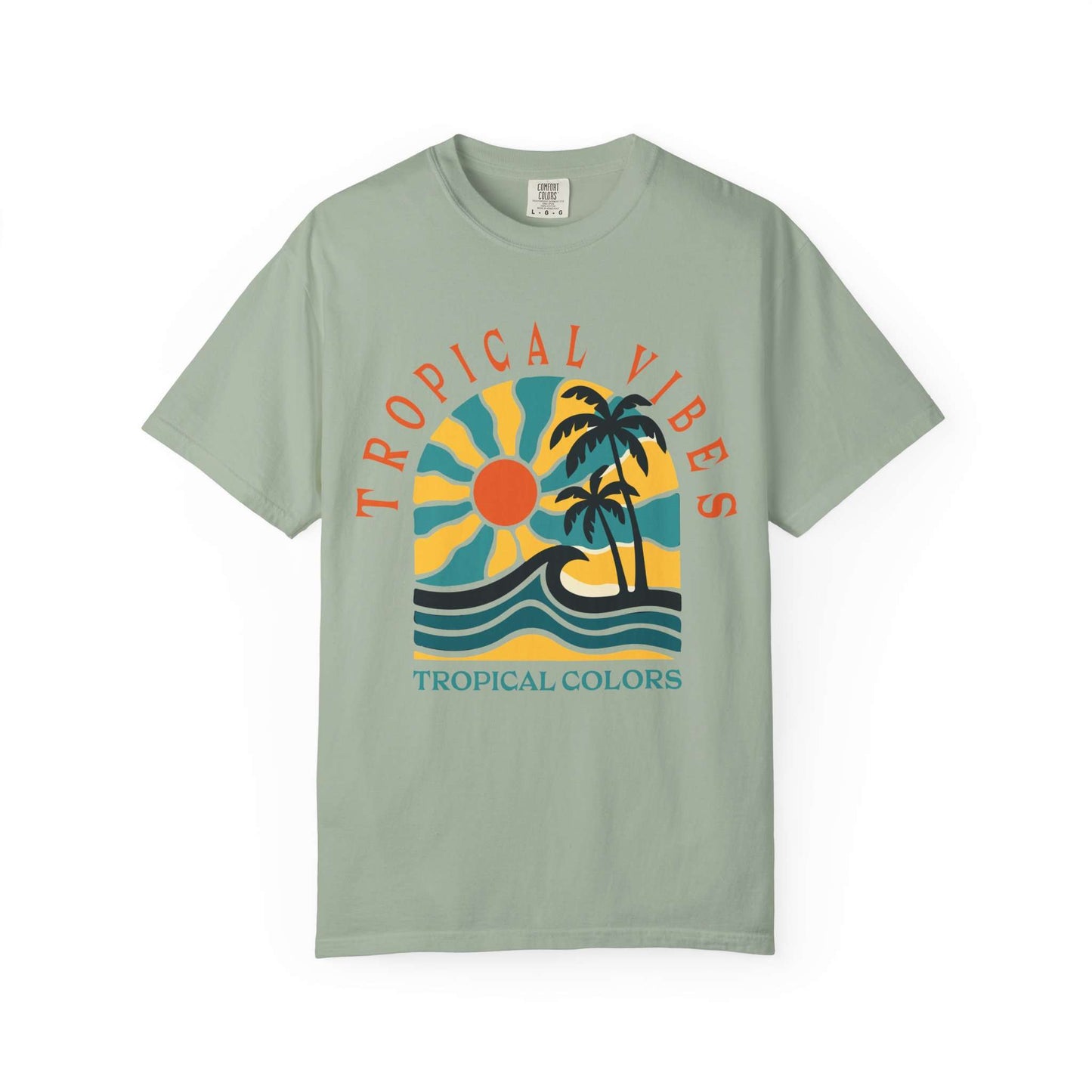 A sage green short-sleeve t-shirt with a retro tropical graphic on the chest featuring a sun, palm trees, waves, and the text 'TROPICAL VIBES' and 'TROPICAL COLORS'. Tropical Vibes Summer Graphic Print T-Shirt Shop Tropical Vibes Summer Beach Graphic T-Shirt Casual Wear for breezy comfort, bold island-inspired style, and effortless sunny-day looks.