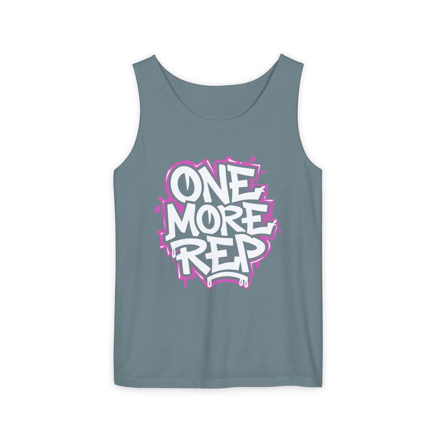 A slate blue tank top featuring a bold graphic on the chest that reads 'ONE MORE REP' in white bubble letters with a pink graffiti-style outline, displayed against a solid white background. Best Fitness Motivational Graffiti Typography Tank Top Casual Wear Shop the Fitness Motivational Graffiti Typography Tank Top for bold workout style, breathable comfort, and everyday gym inspiration.
