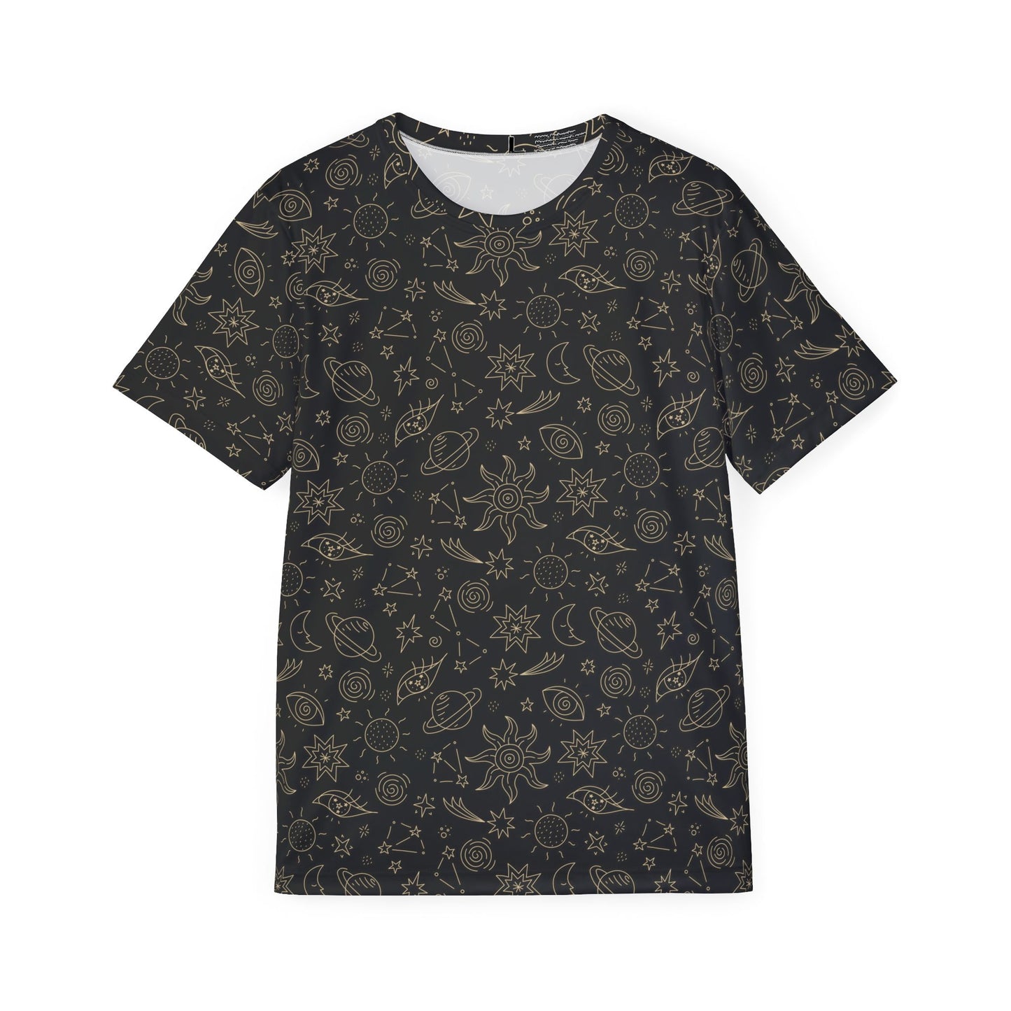 A short-sleeve crewneck t-shirt with an all-over celestial print of gold line-art icons like suns, planets, stars, and moons on a black background, shown flat against a white background. Cosmic Space Celestial Pattern Men's Sports Jersey Active Wear Shop the Cosmic Space Celestial Pattern Men's Sports Jersey for an eye-catching galaxy look, athletic comfort, and everyday versatility. Stand out on and off the field with the Cosmic Space Celestial Pattern Men's Sports Jersey—bold, comfortable.