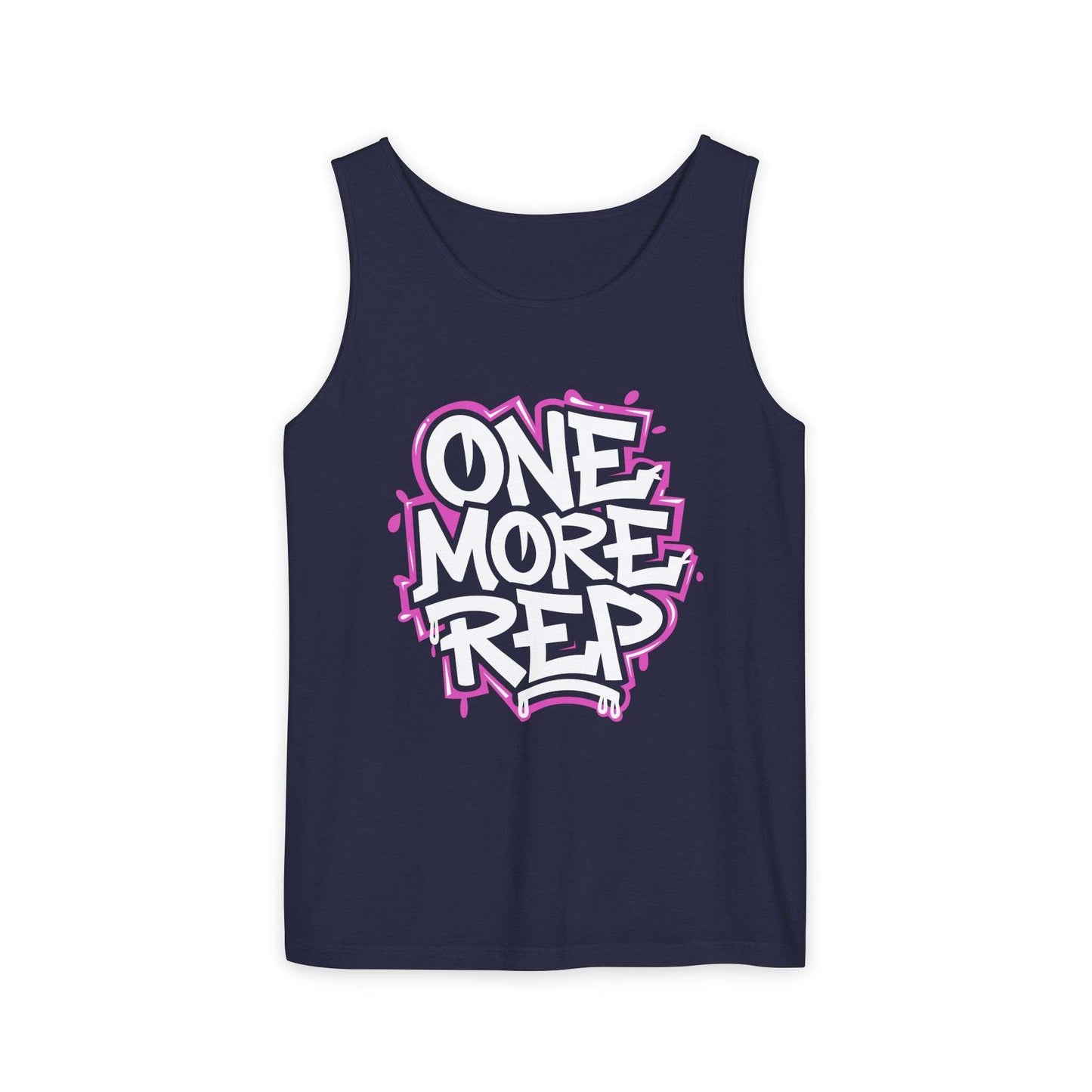 A navy blue sleeveless tank top with a colorful graphic on the chest that reads 'ONE MORE REP' in white and pink graffiti-style lettering, shown against a plain white background. Best Fitness Motivational Graffiti Typography Tank Top Casual Wear Shop the Fitness Motivational Graffiti Typography Tank Top for bold workout style, breathable comfort, and everyday gym inspiration.